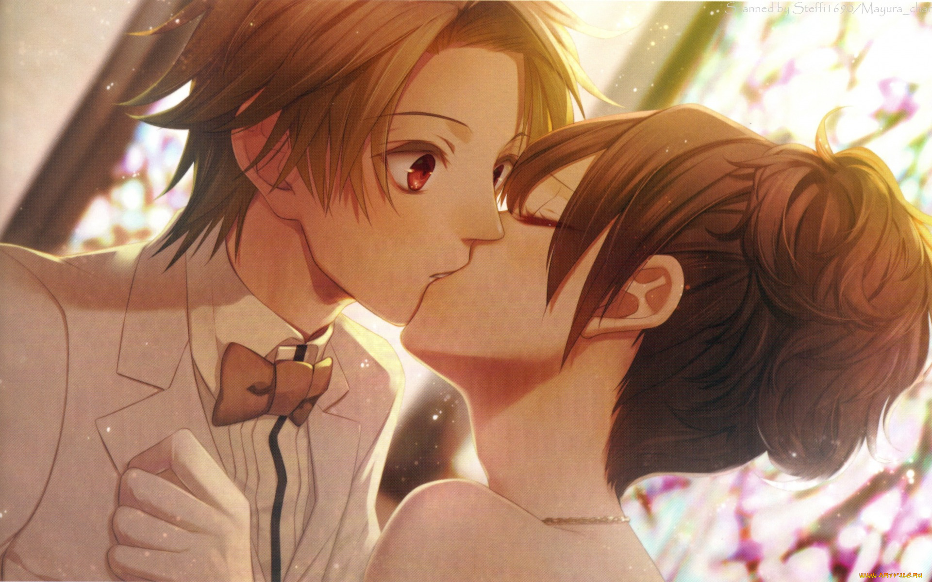 аниме, clock, zero, поцелуй, жених, и, невеста, галстук-бабочка, art, шея, journalist, clock, zero, nadeshiko, kurou, visual, novel, nagaoka, свадьба