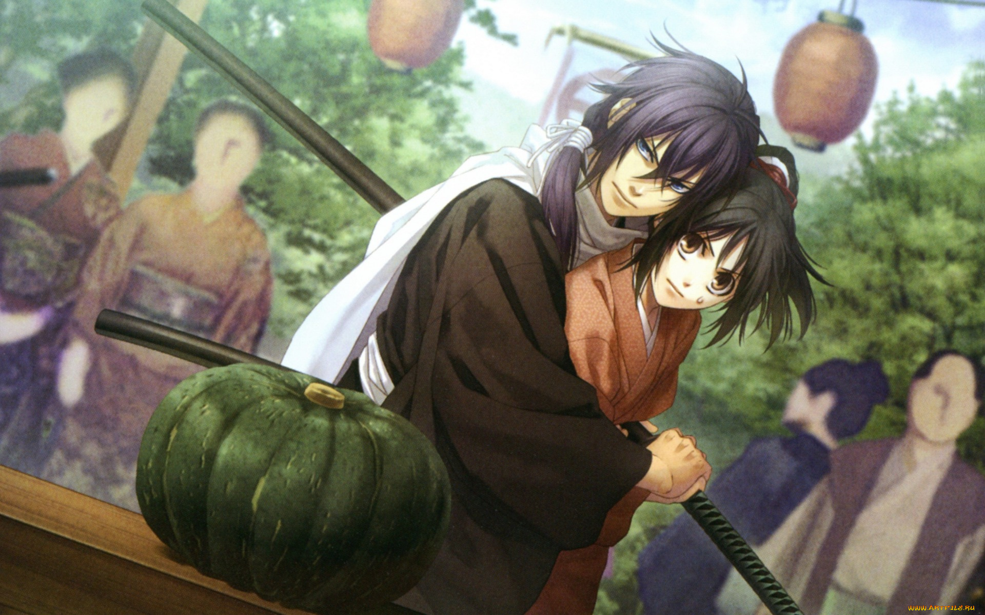 аниме, hakuouki, катана, yukimura, chizuru, shinsengumi, kitan, тыква, демоны, бледной, сакуры, yone, kazuki, art, люди, saitou, hajime, двое