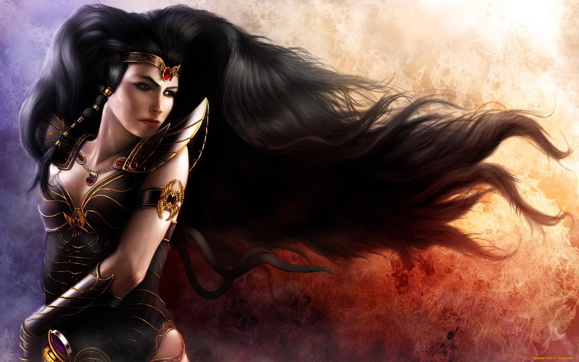 фэнтези, девушки, латы, доспехи, длинный, волосы, девушка, брюнетка