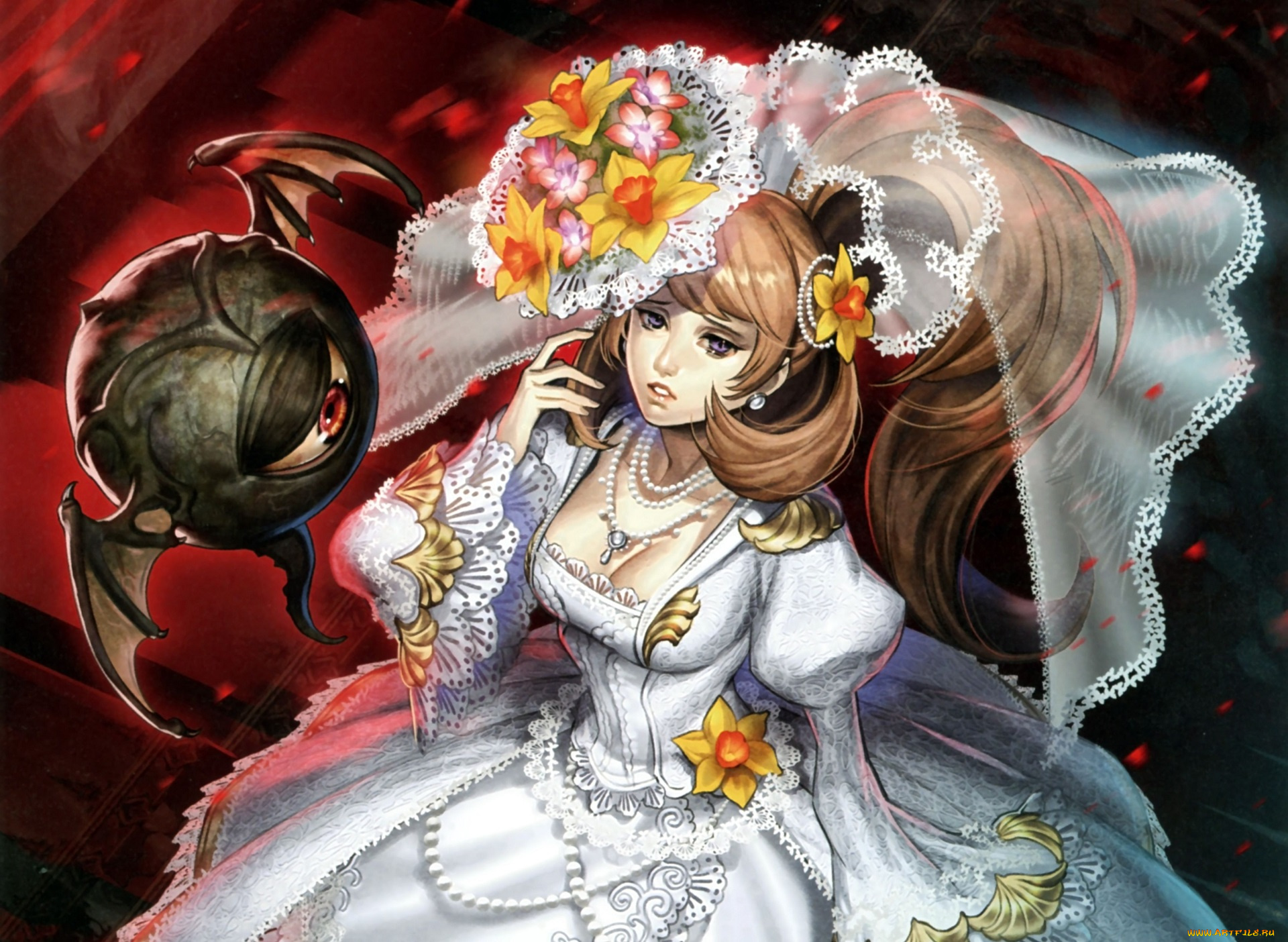аниме, животные, , существа, существо, фата, свадебное, платье, midori, foo, декольте, art, глаз, невеста, цветы