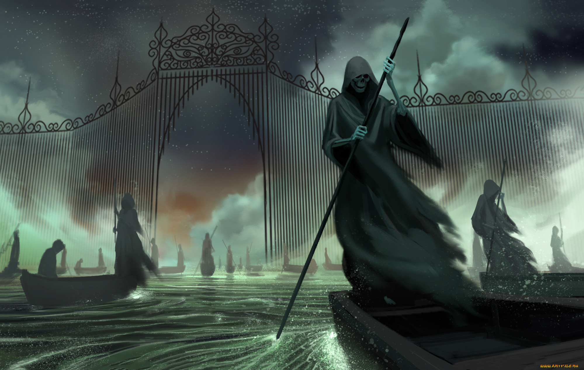 фэнтези, нежить, волрота, лодка, плащ, капюшон, вода, скилет