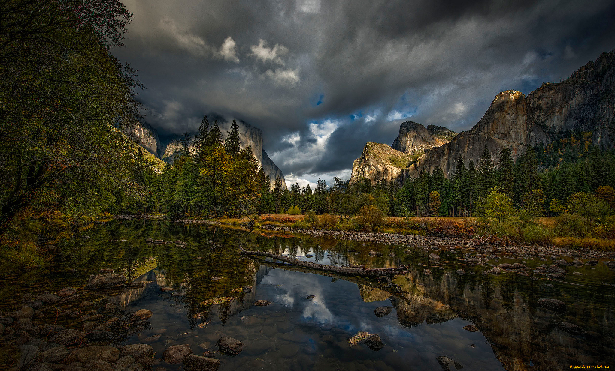 природа, реки, озера, осень, сша, лес, река, калифорния, небо, yosemite, national, park, горы, тучи