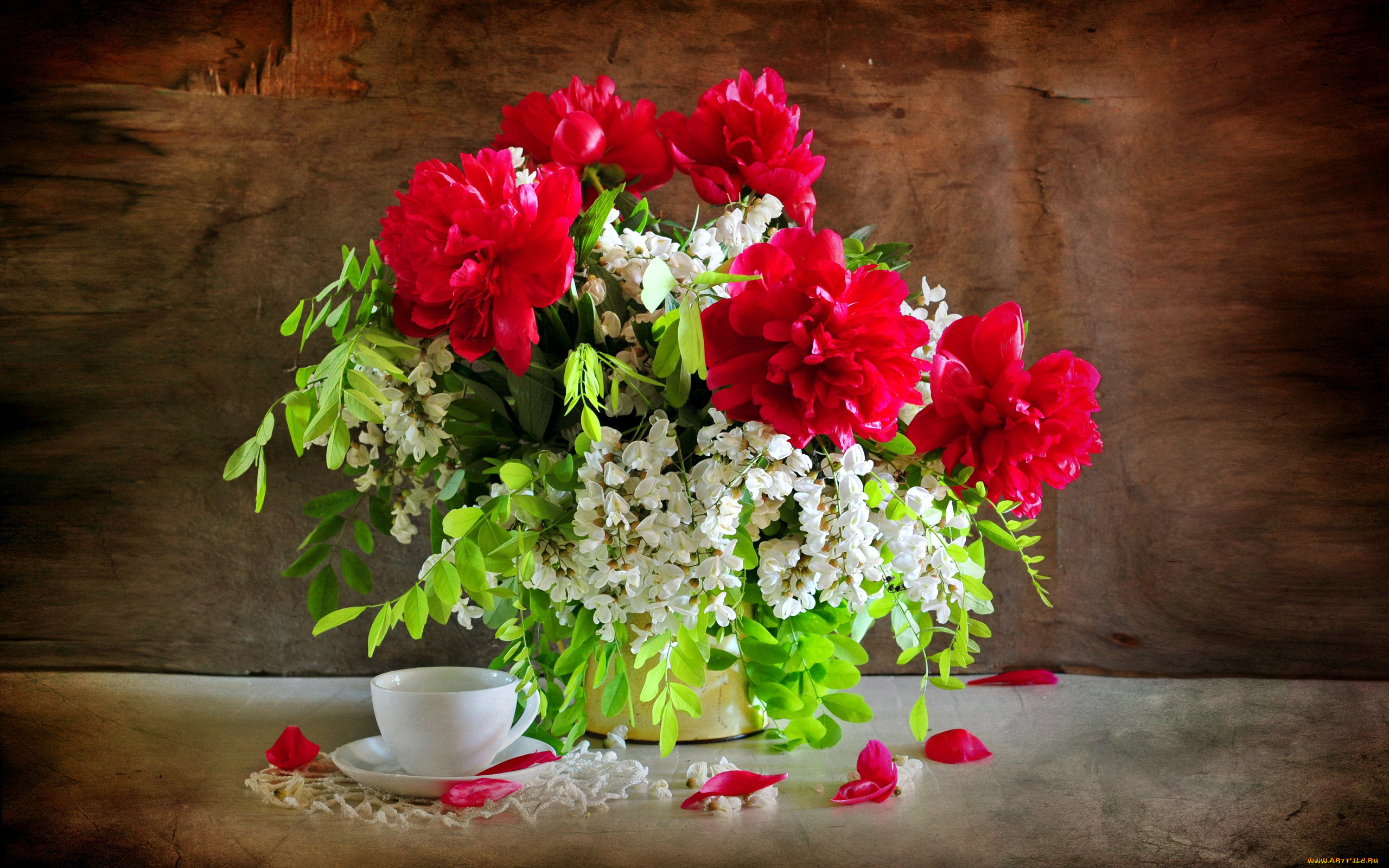 цветы, букеты, , композиции, пионы, акация, лепестки