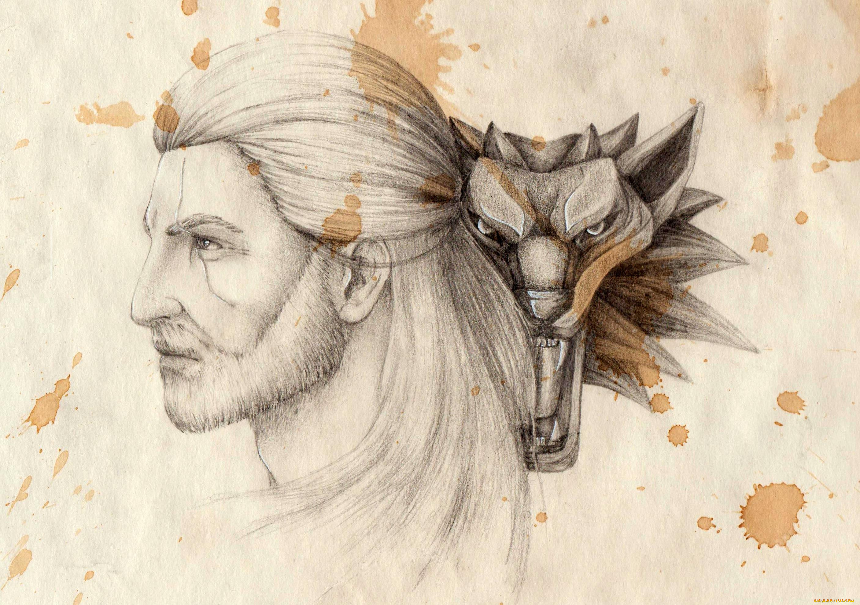 разное, арты, пятна, геральт, ведьмак, голова, знак, волк