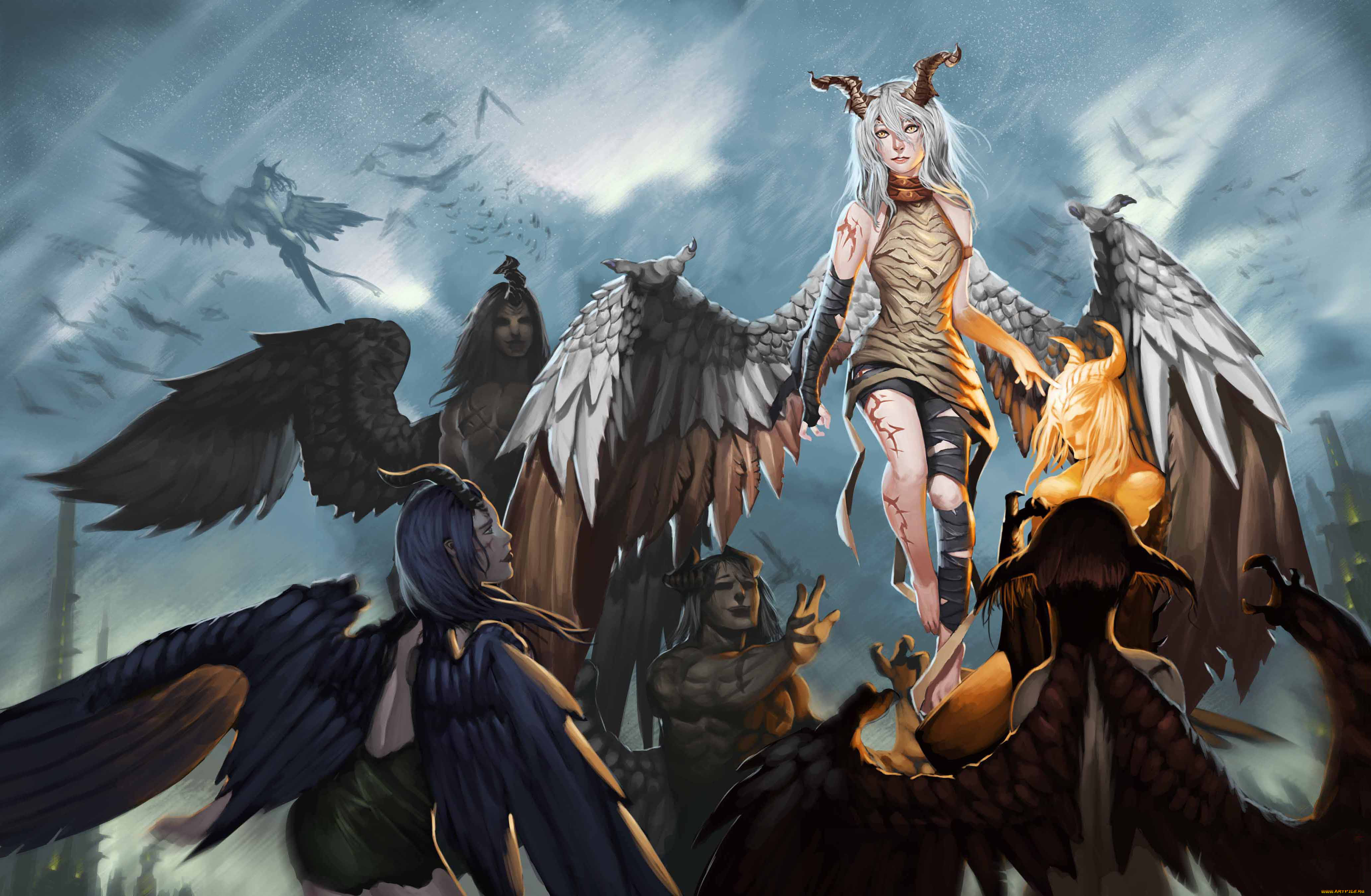 фэнтези, демоны, рога, крылья, взгляд, фон, мужчины, девушки