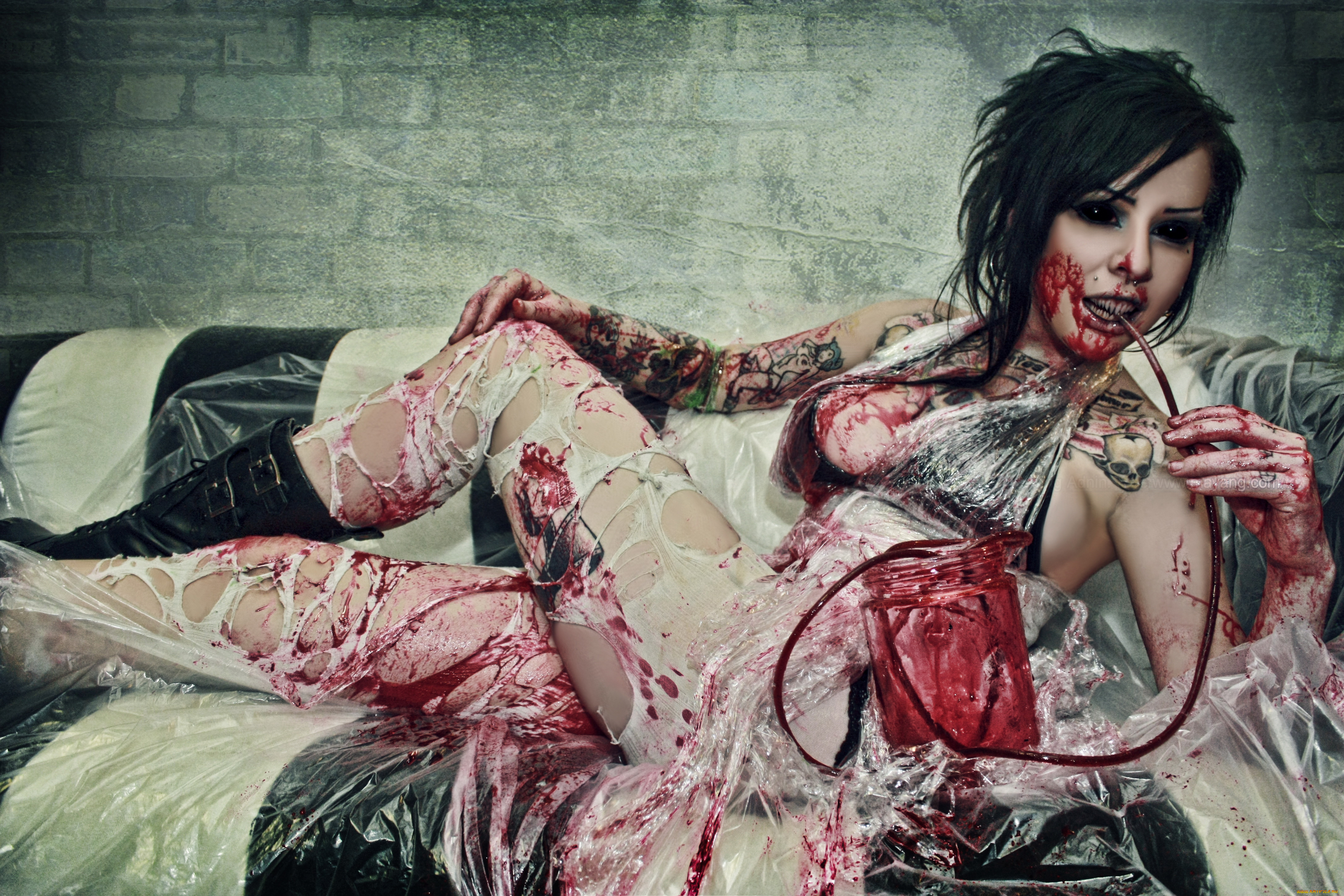 разное, компьютерный, дизайн, тату, взгляд, фон, диван, девушка, кровь