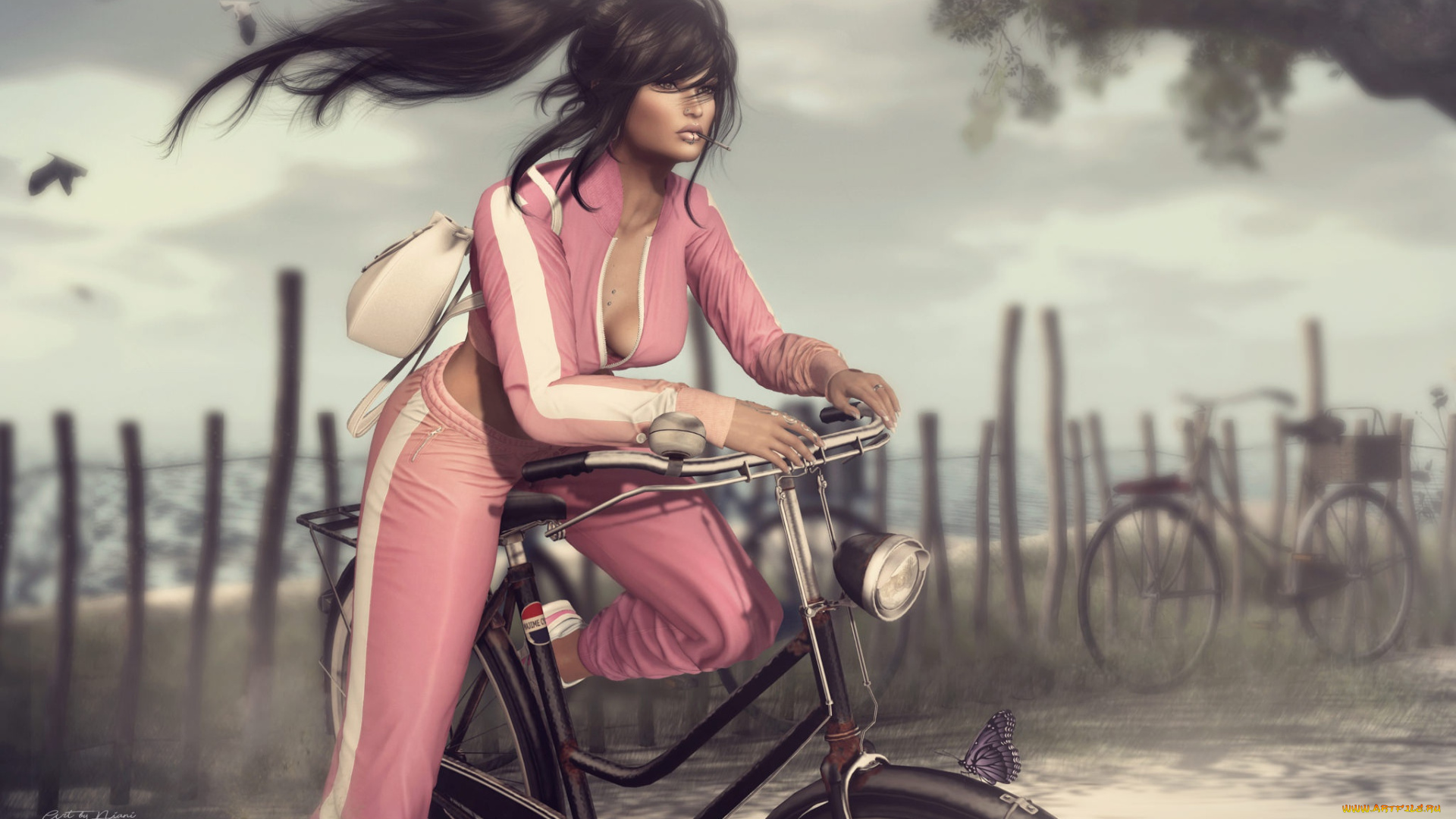 3д, графика, люди, , people, волосы, лицо, ветер, лето, девушка, велосипед, стиль