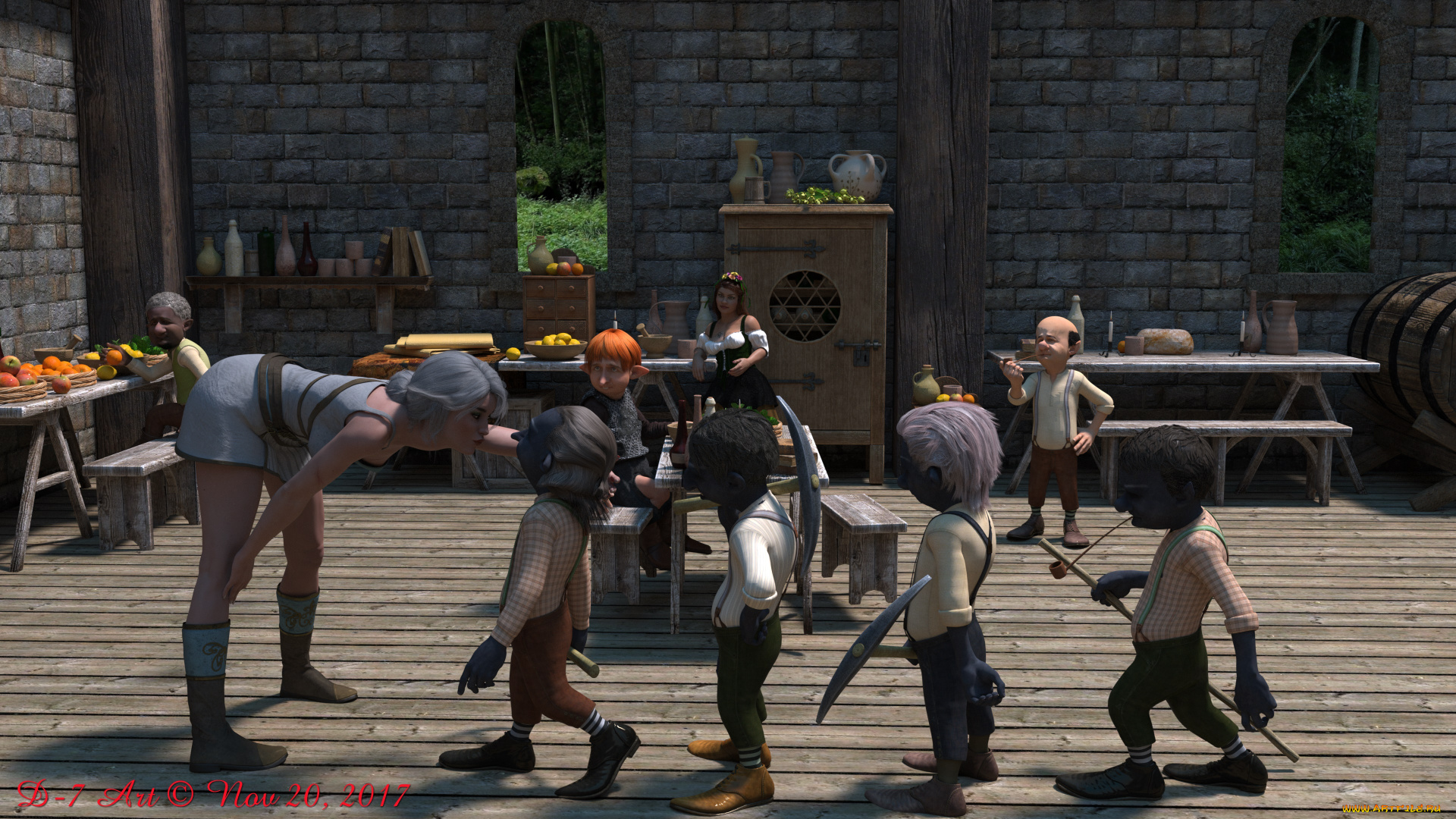 ciri, and, the, dwarfs, 3д, графика, фантазия, , fantasy, фон, девушка, взгляд