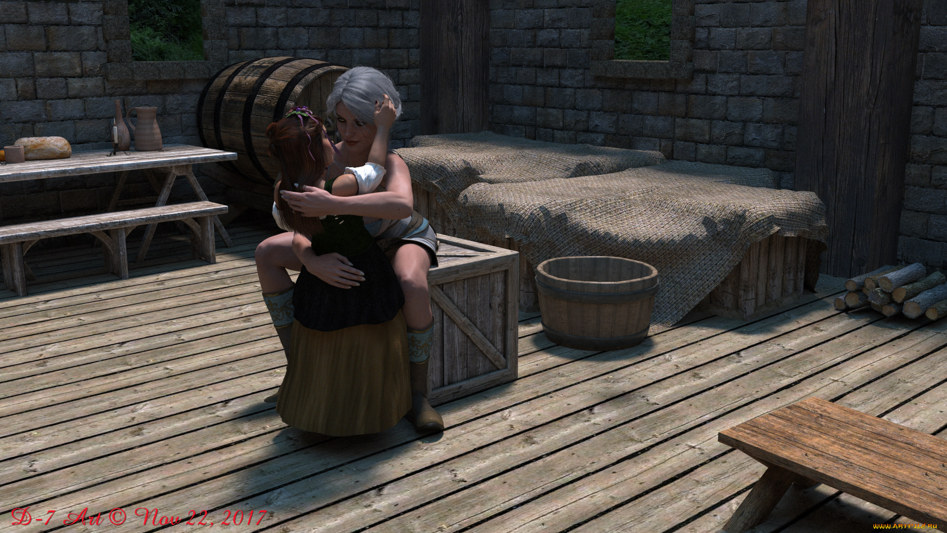 ciri, and, the, dwarfs, 3д, графика, фантазия, , fantasy, девушка, взгляд, фон