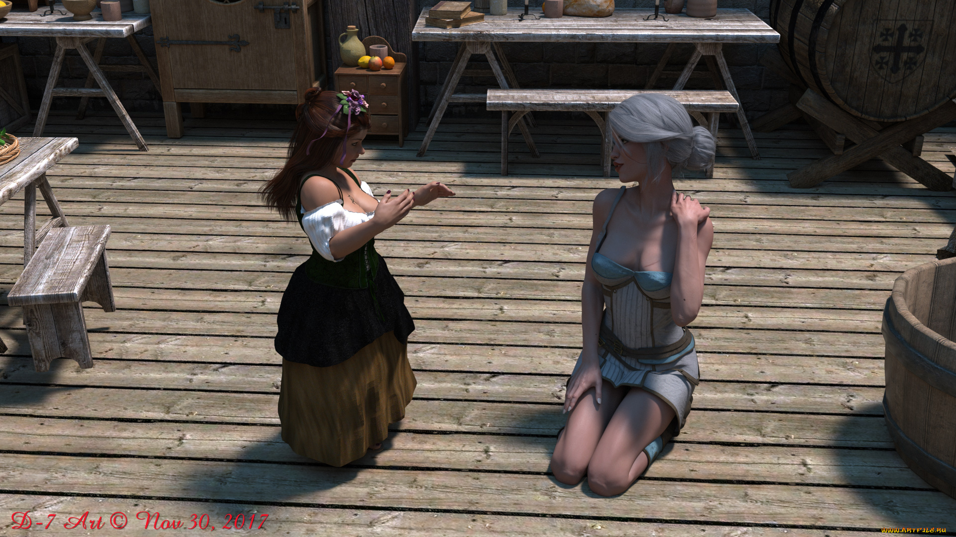 ciri, and, the, dwarfs, 3д, графика, фантазия, , fantasy, фон, девушка, взгляд