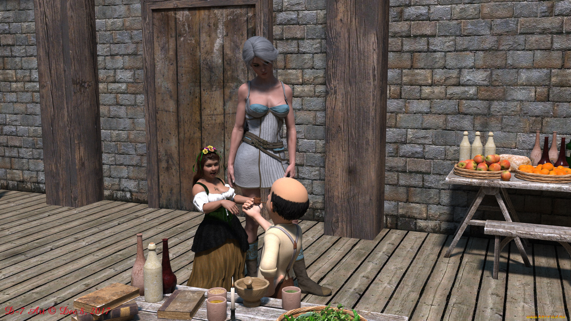 ciri, and, the, dwarfs, 3д, графика, фантазия, , fantasy, взгляд, девушка, фон