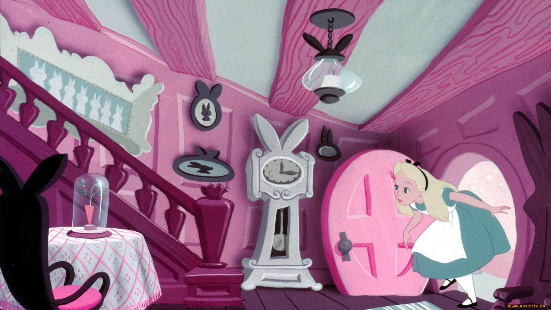 мультфильмы, alice, in, wonderland, дом, алиса, люстра, часы, стол, кресло, лестница, картины, уши, розовый