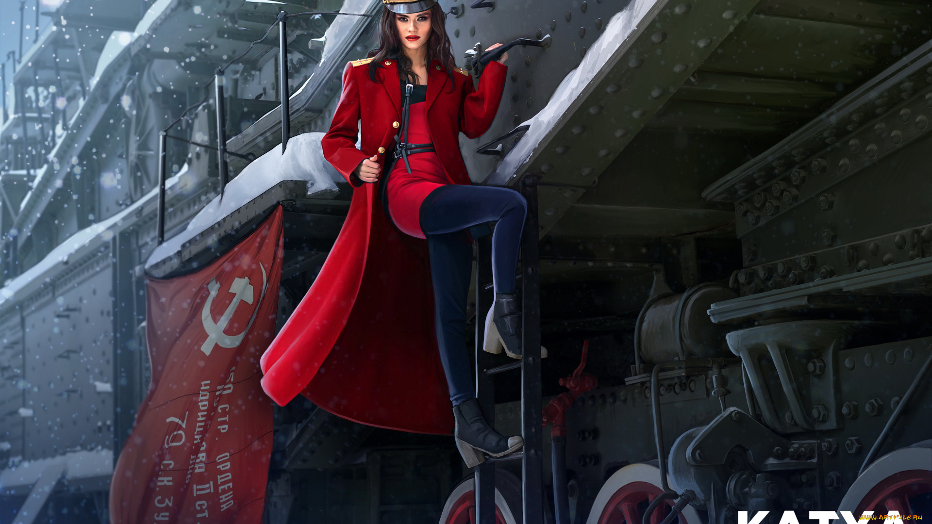 рисованное, люди, флаг, пальто, взгляд, девушка, фон