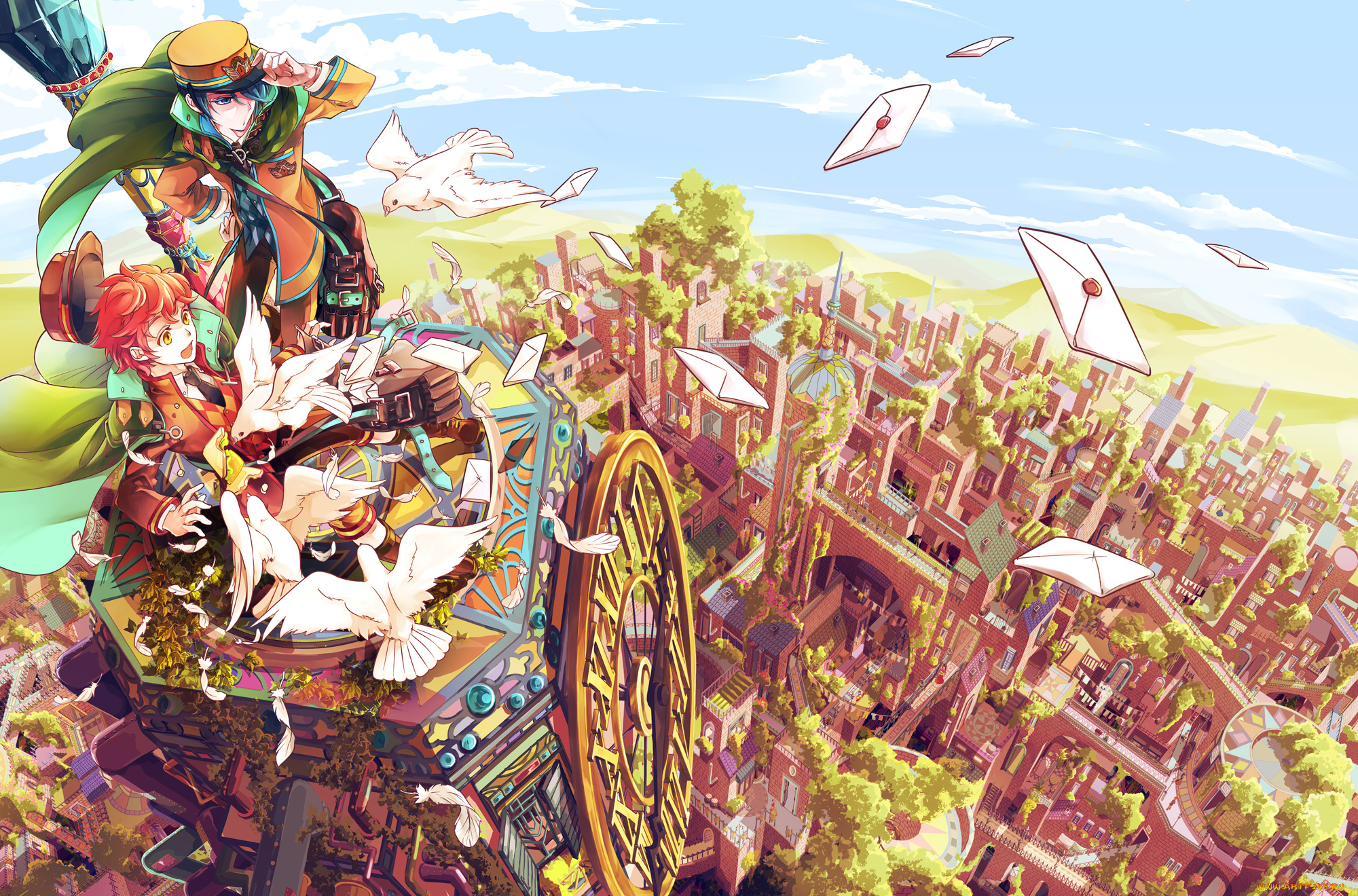 аниме, животные, , существа, парни, голуби, город, письма, почта