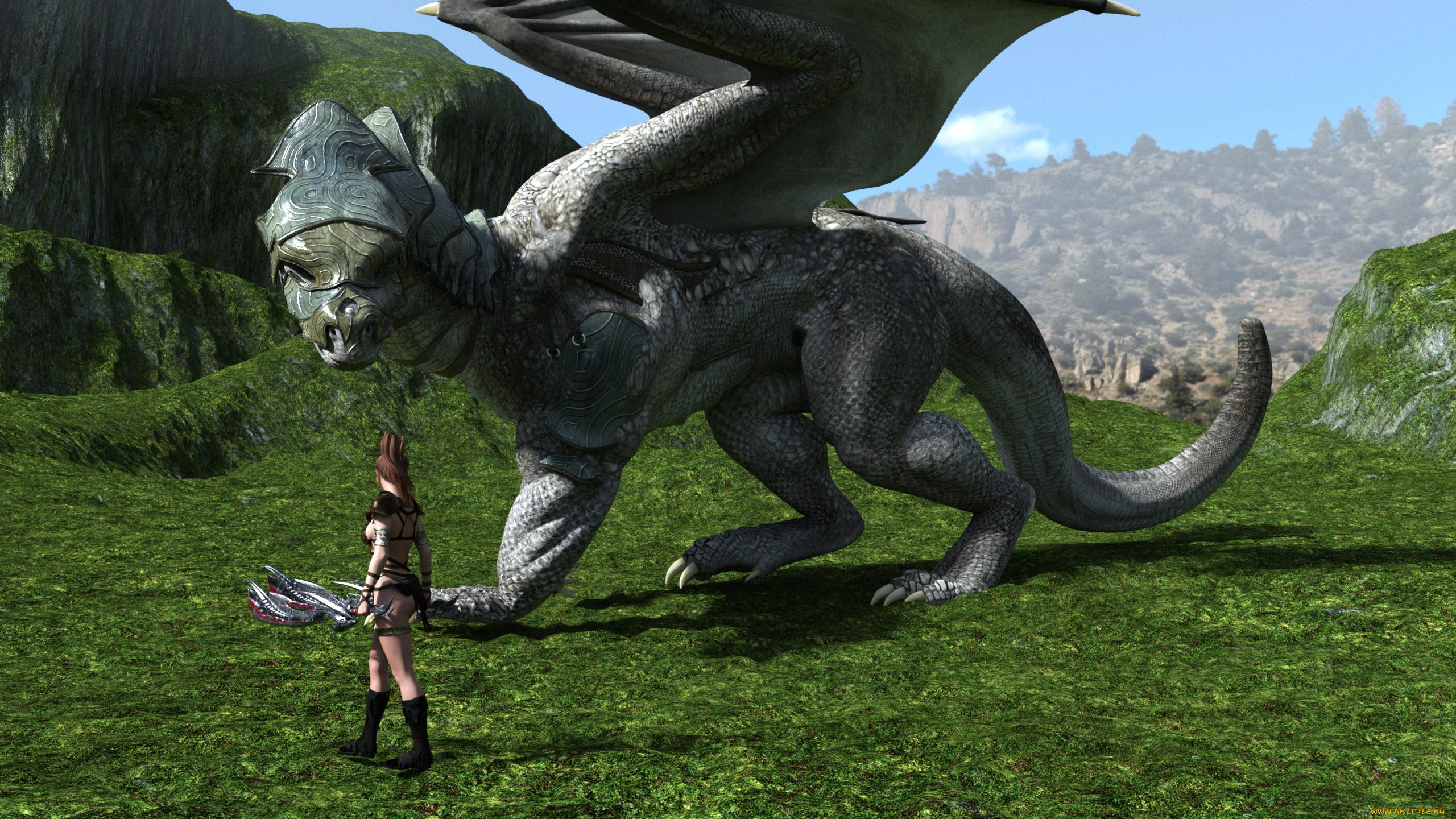 3д, графика, фантазия, , fantasy, дракон, фон, девушка, взгляд