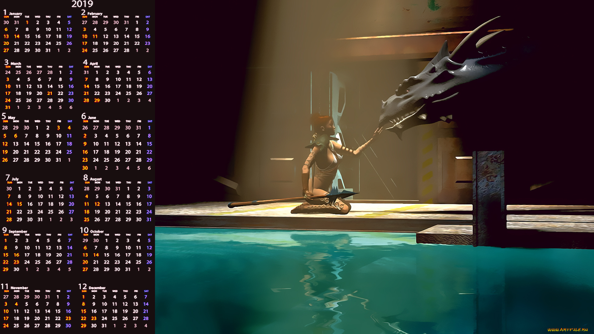 календари, 3д-графика, воительница, девушка, вода, бассейн, дракон