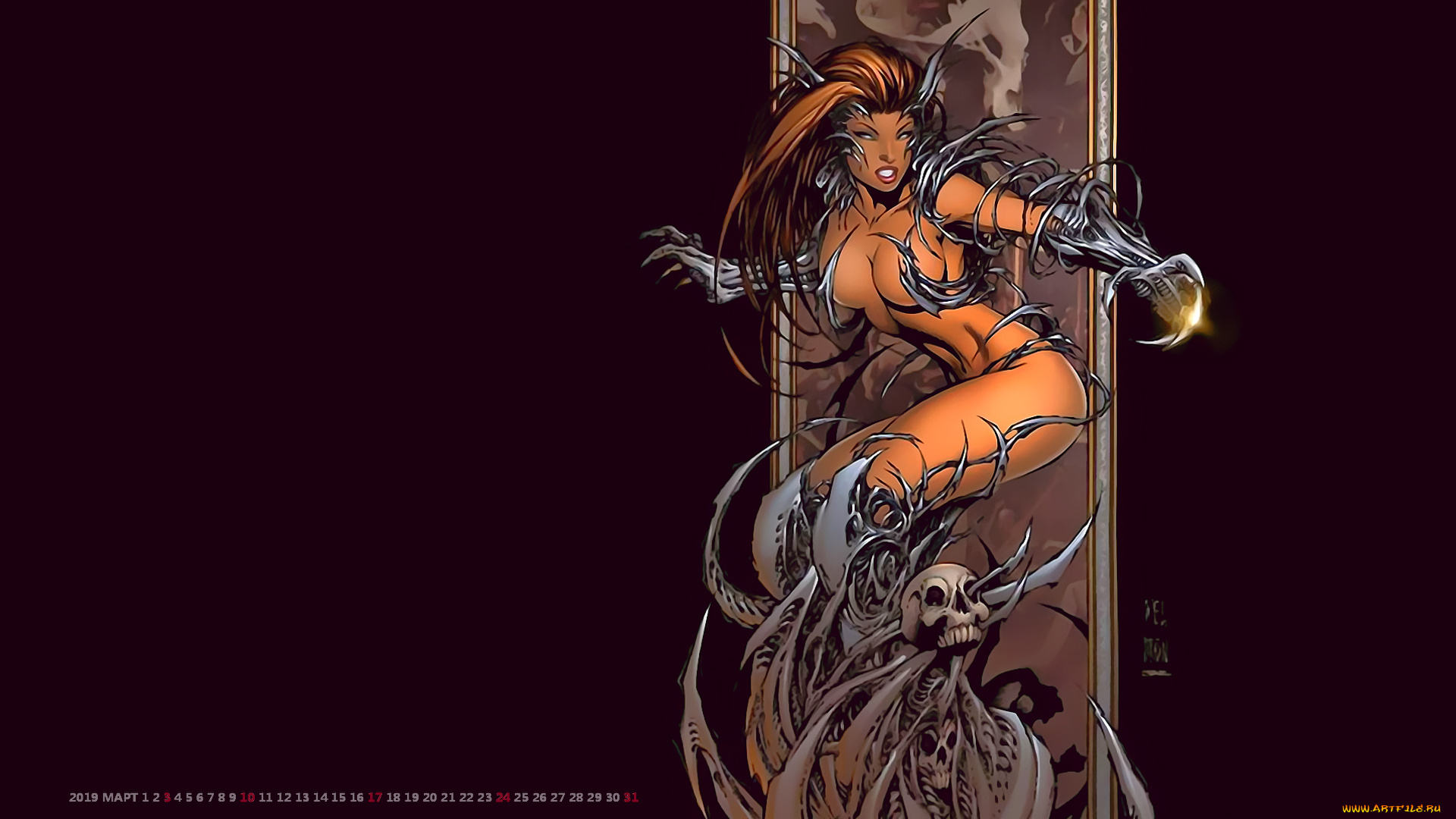 календари, фэнтези, скелет, девушка, существо