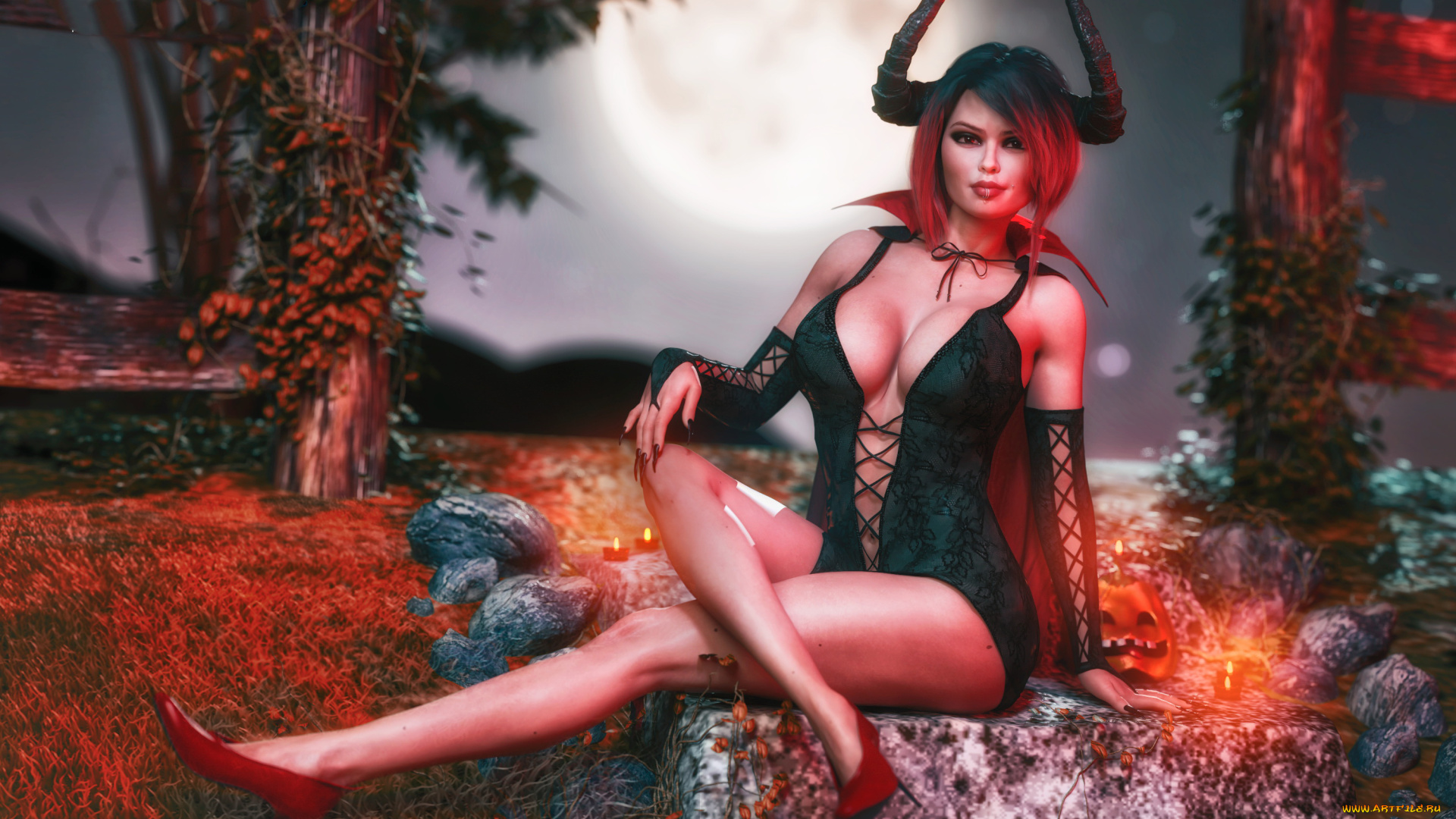 3д, графика, существа, , creatures, девушка, фон, взгляд, рога