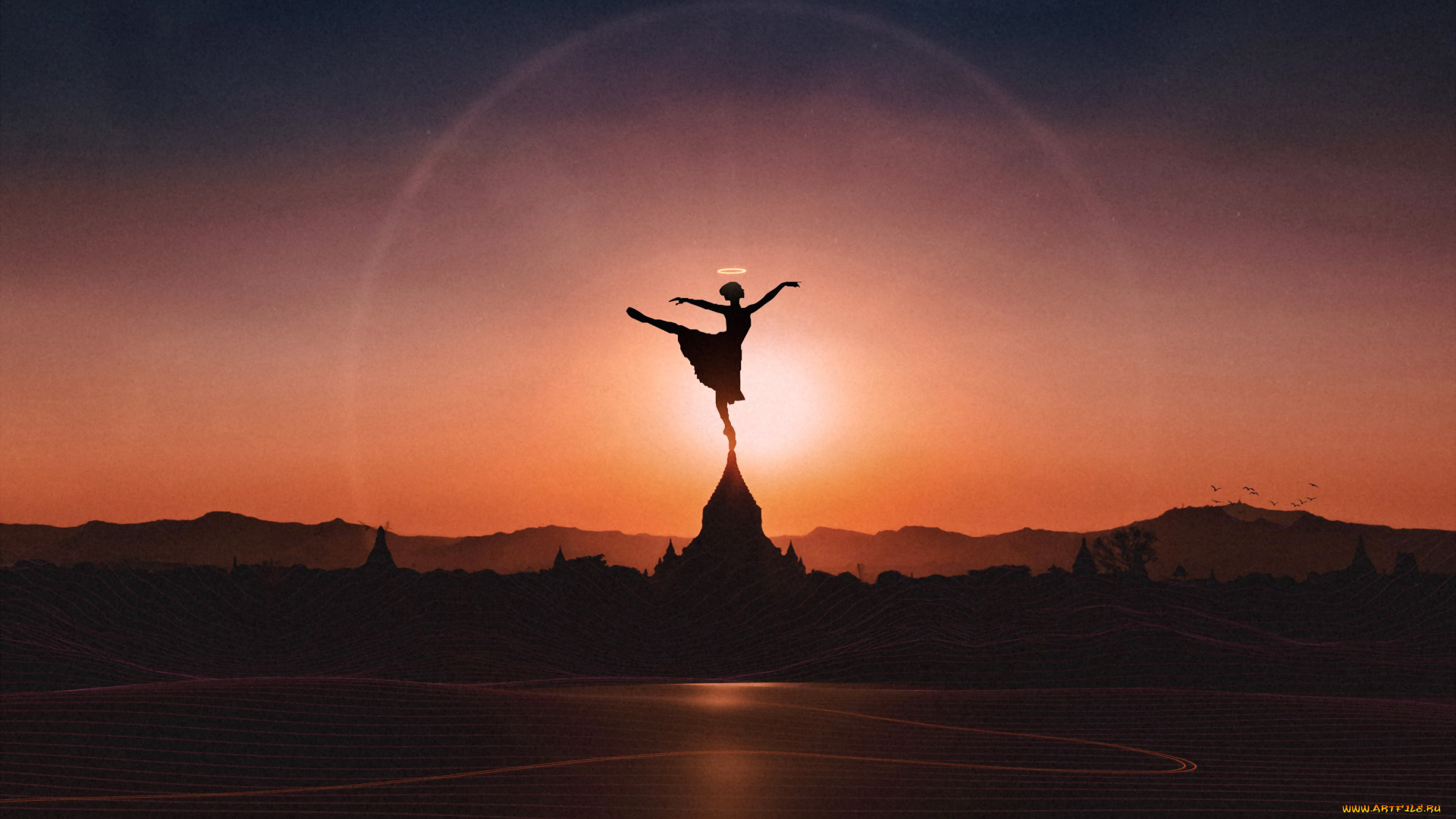 разное, компьютерный, дизайн, девушка, балерина, нимб, закат, здания, силуэты