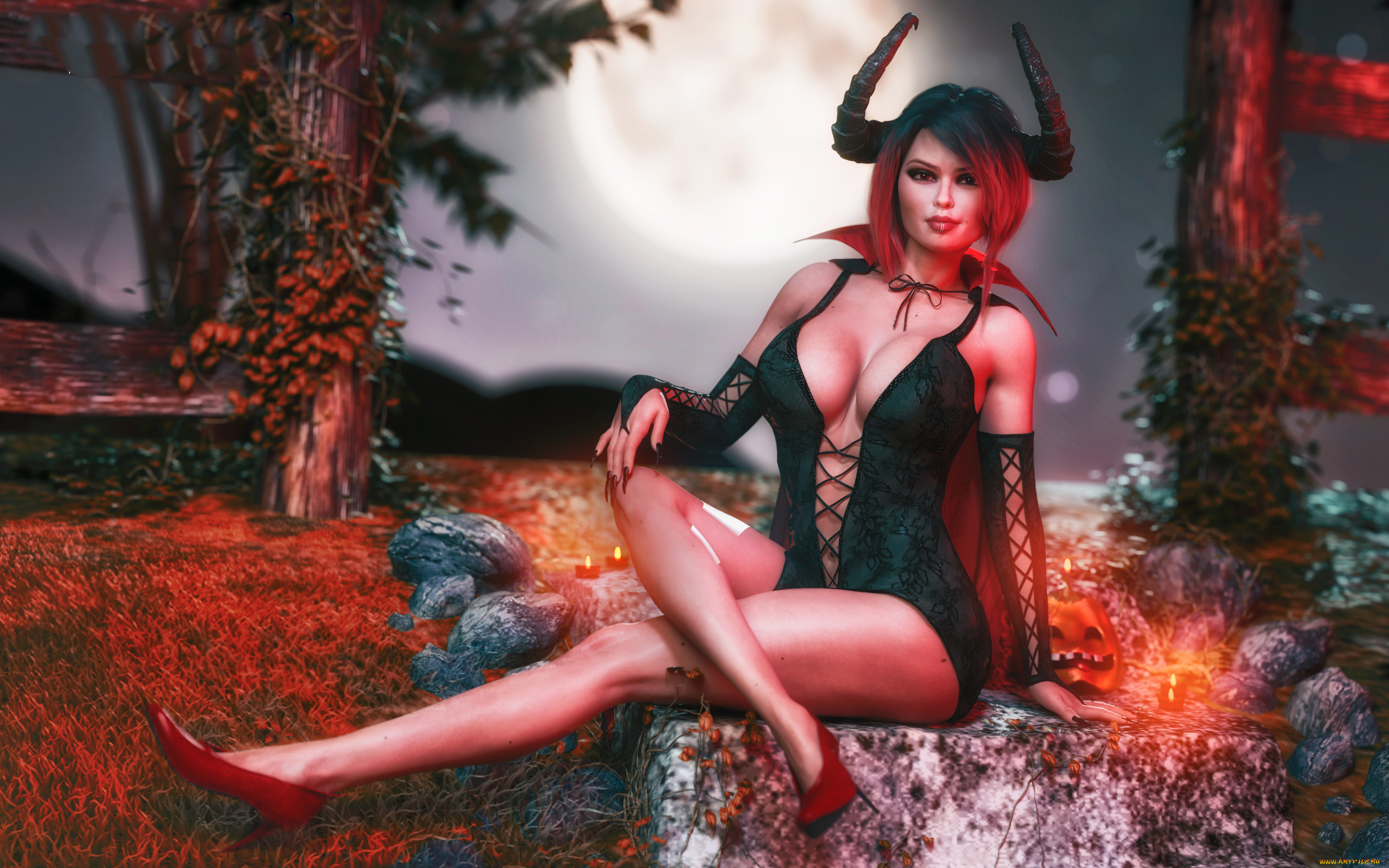 3д, графика, существа, , creatures, девушка, фон, взгляд, рога