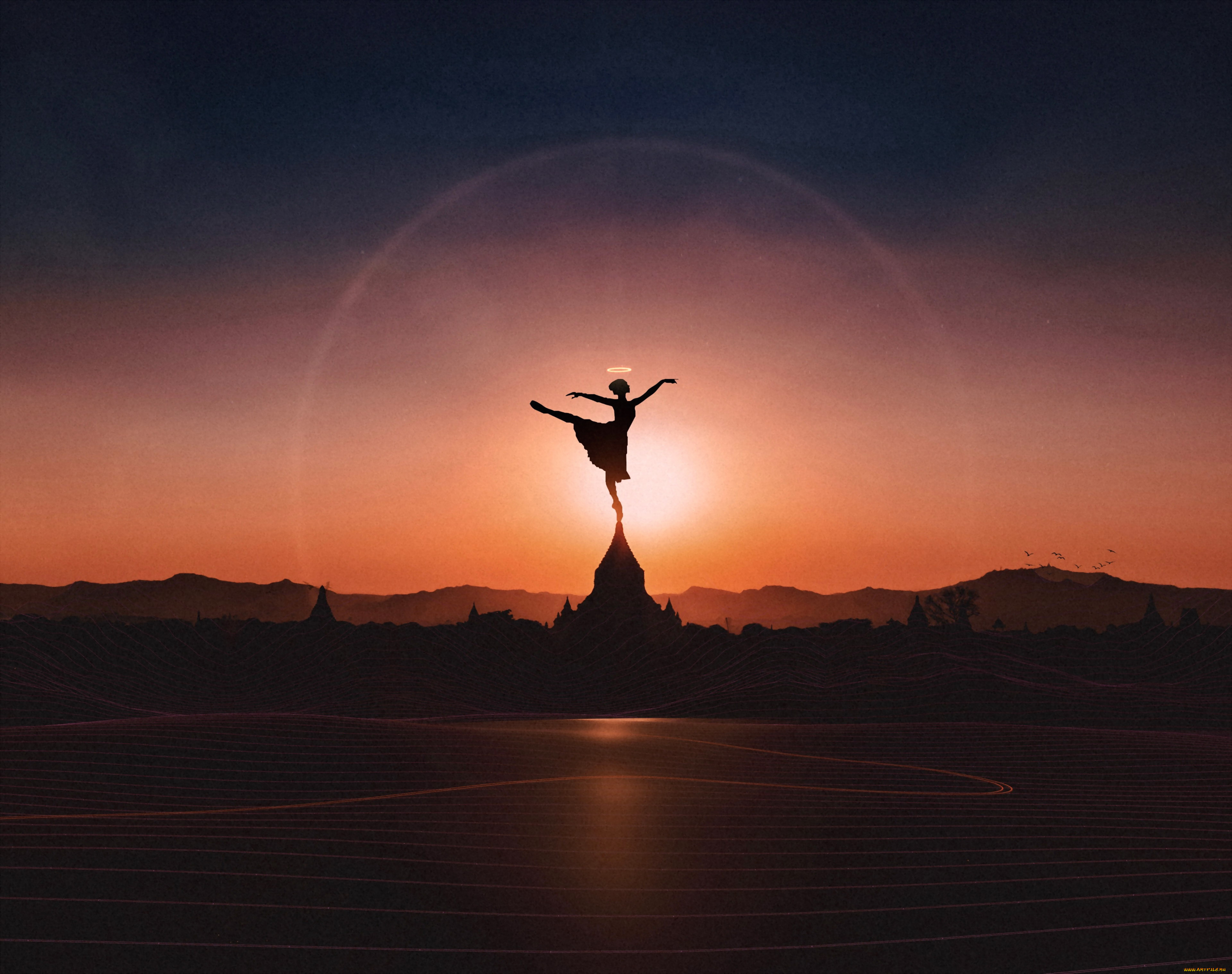 разное, компьютерный, дизайн, девушка, балерина, нимб, закат, здания, силуэты