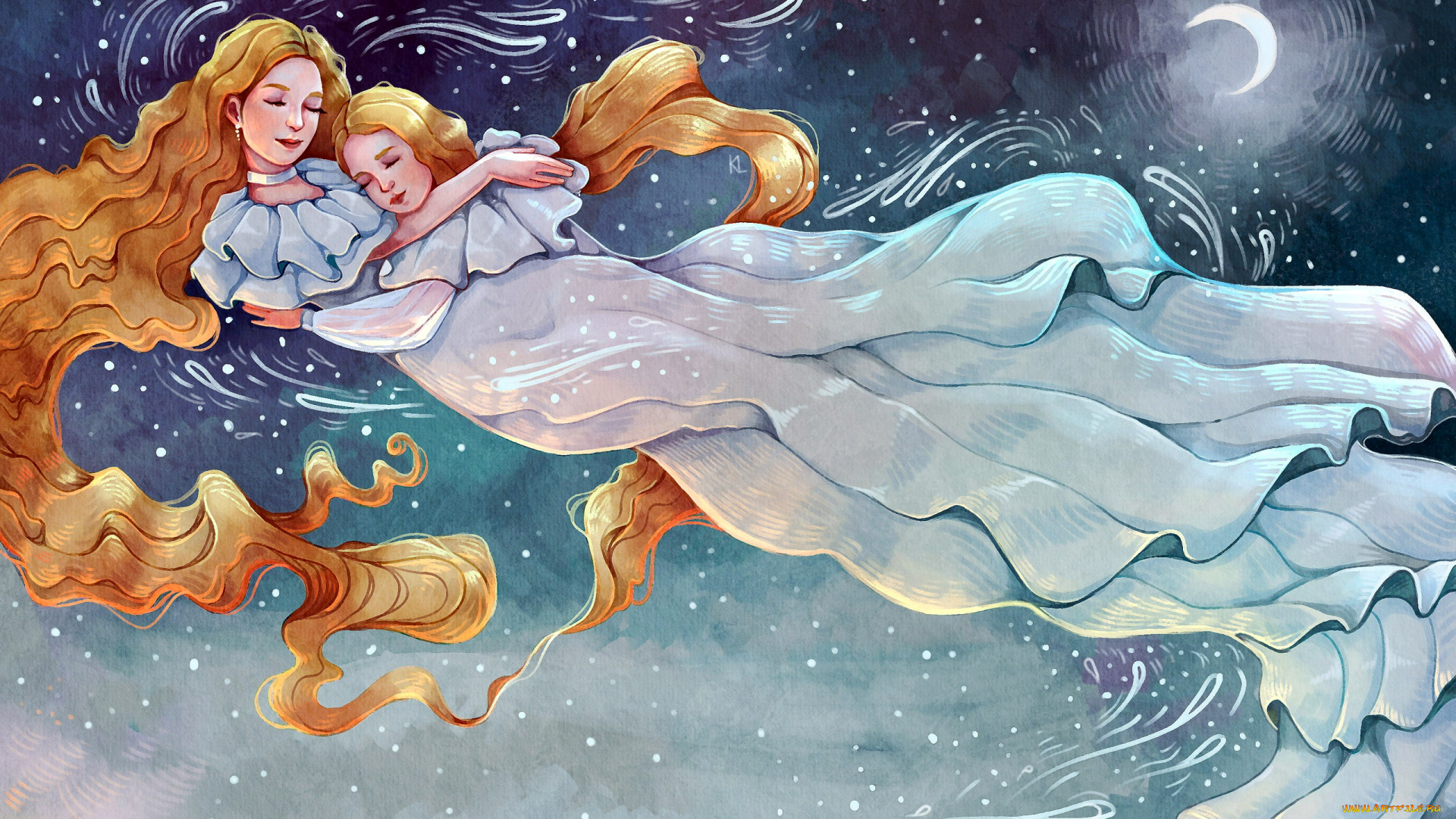 рисованное, люди, девушки, сон, полет, снег