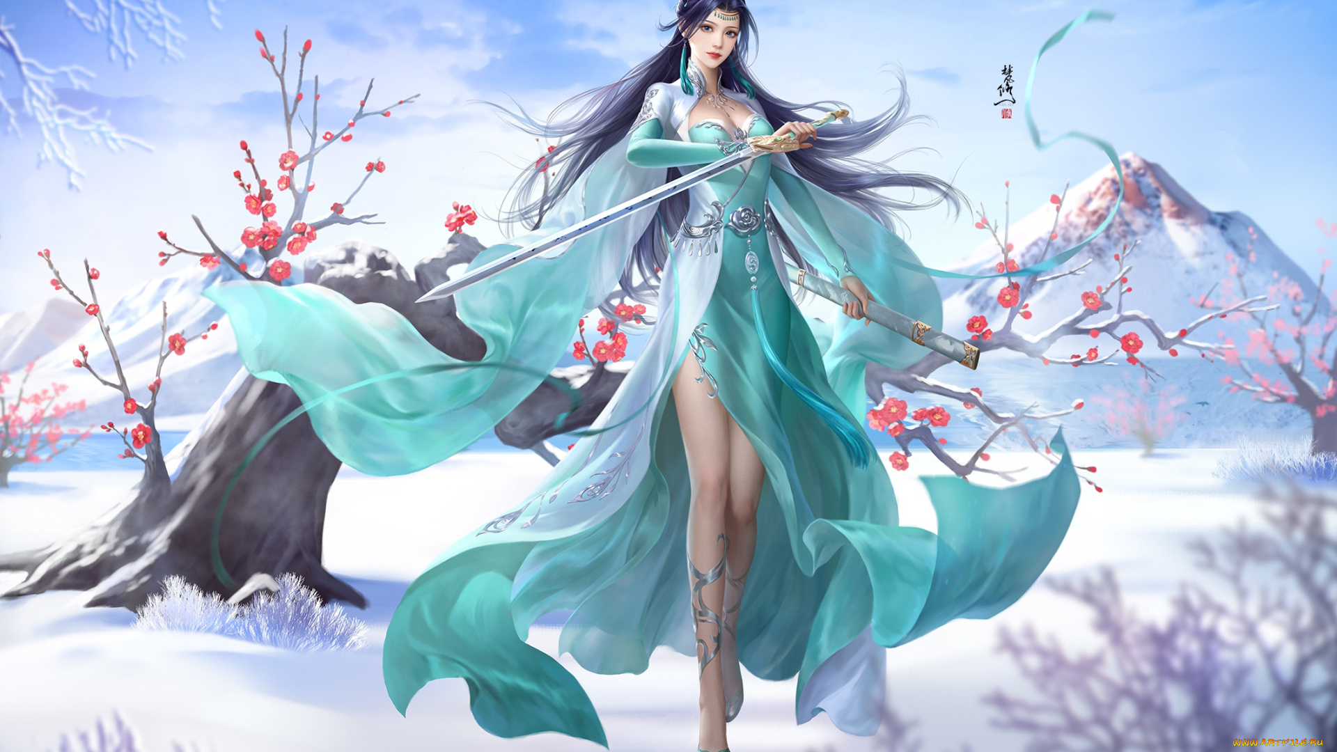 фэнтези, девушки, зима, девушка, снег, цветы, горы, дерево, меч, fan, xiu