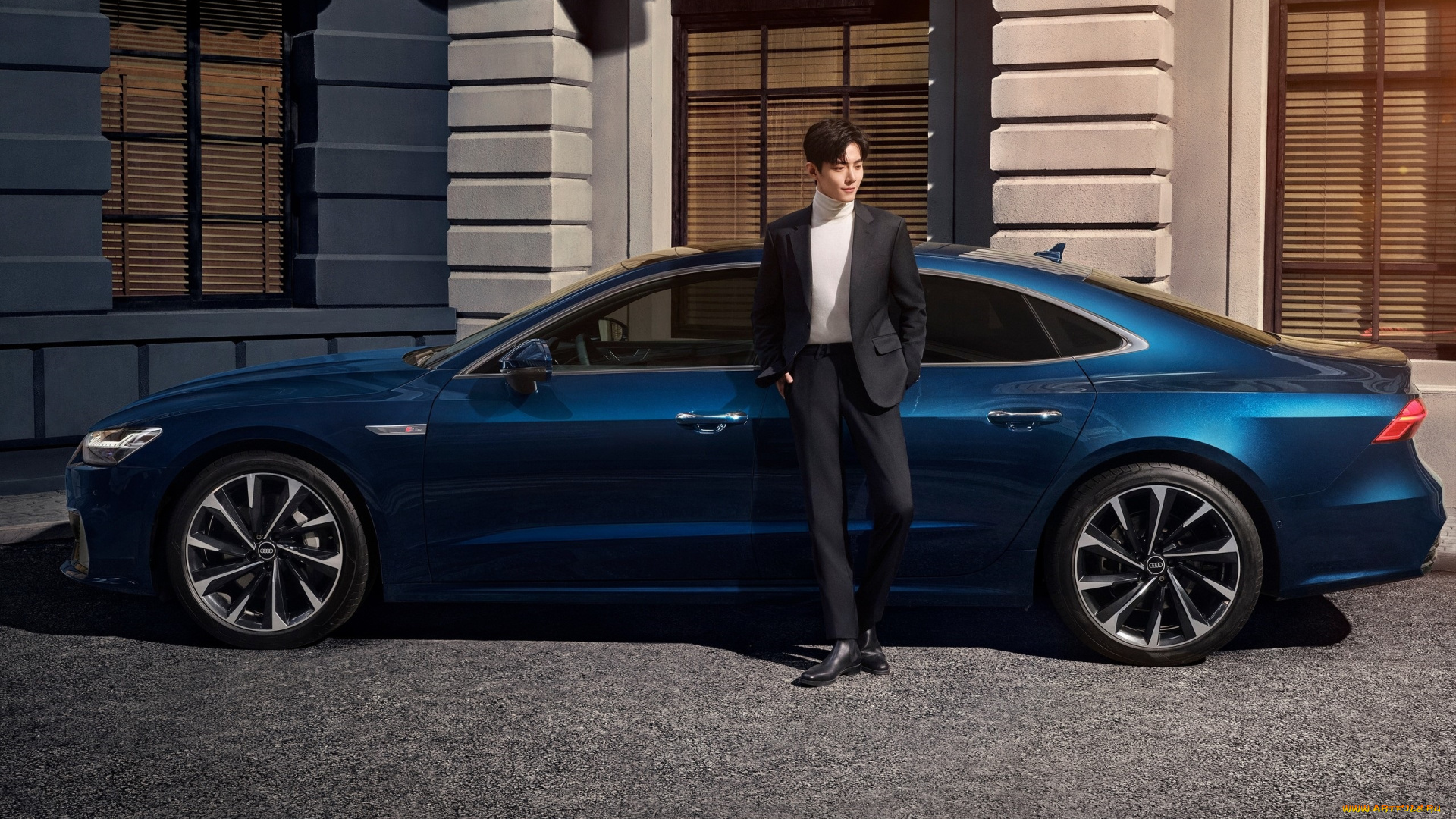 мужчины, xiao, zhan, актер, костюм, машина, синяя, ауди, здание