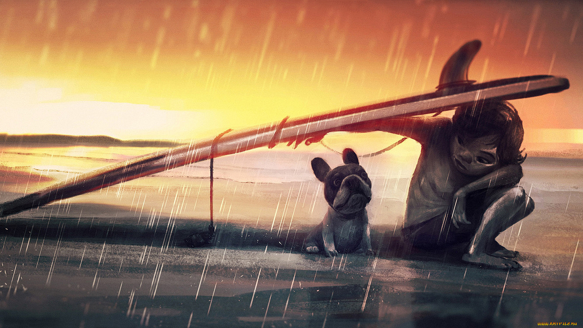 рисованное, дети, мальчик, собака, серф, дождь