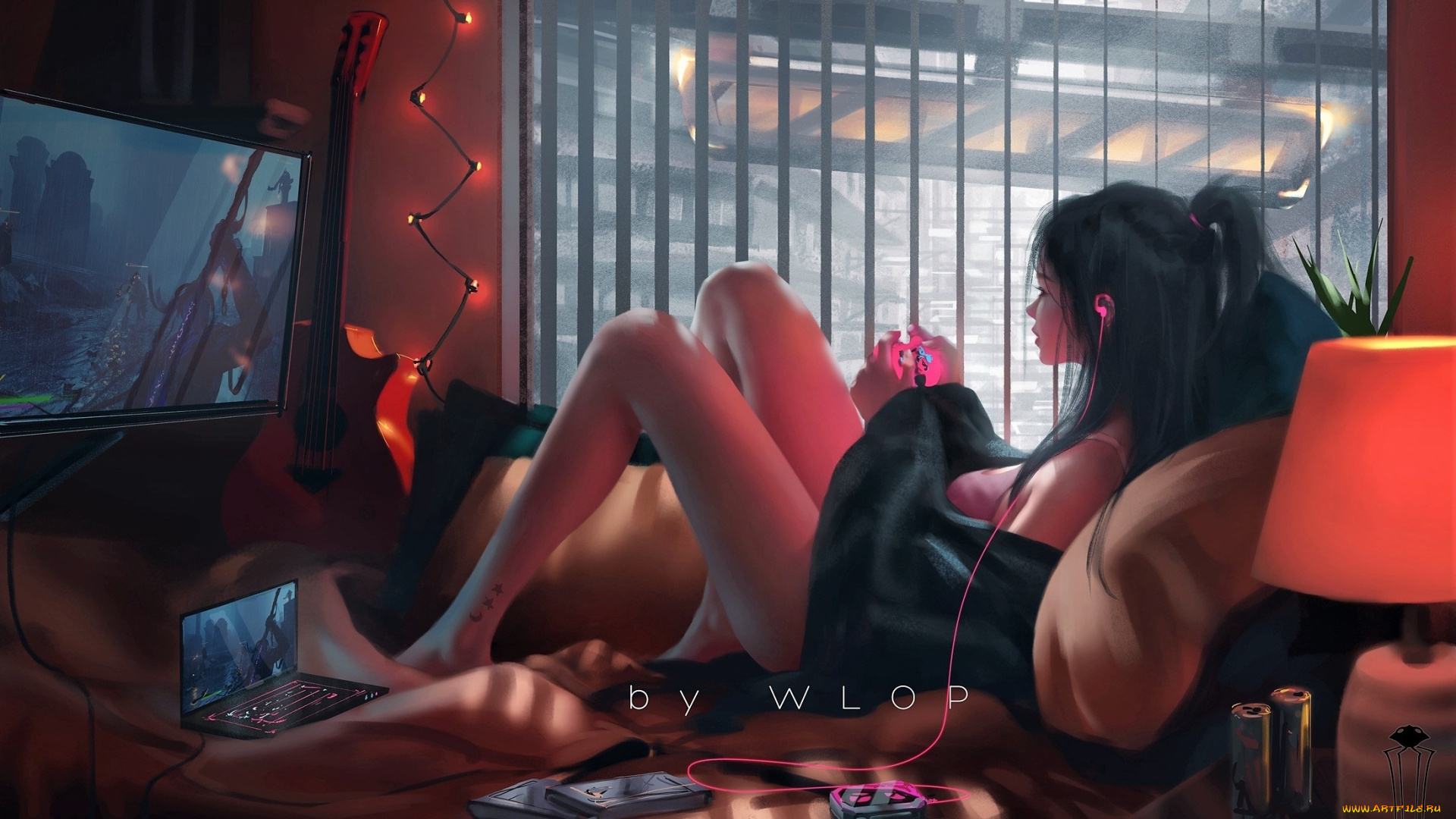 рисованное, люди, девушка, игра, окно, телевизор, ноутбук, гитара