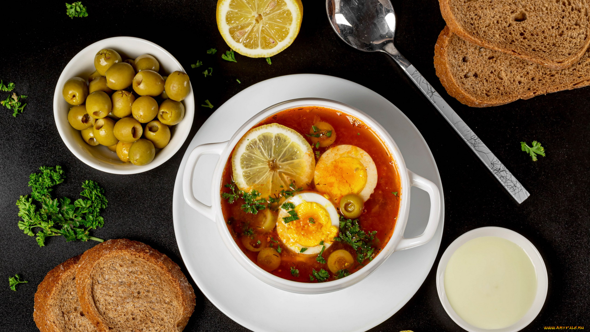 еда, первые, блюда, хлеб, оливки, лимон, солянка
