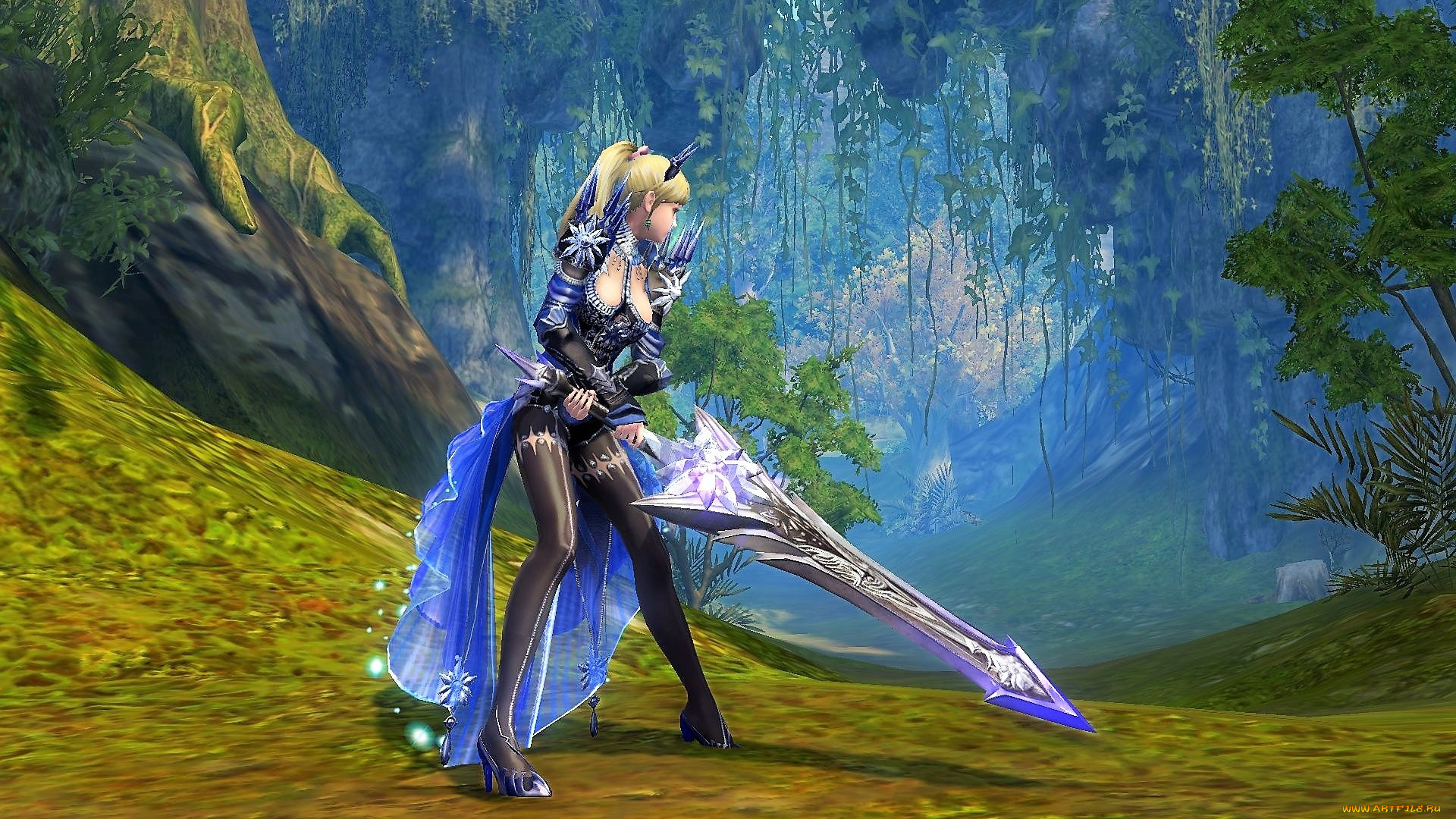 видео, игры, aion, девушка, меч, лес