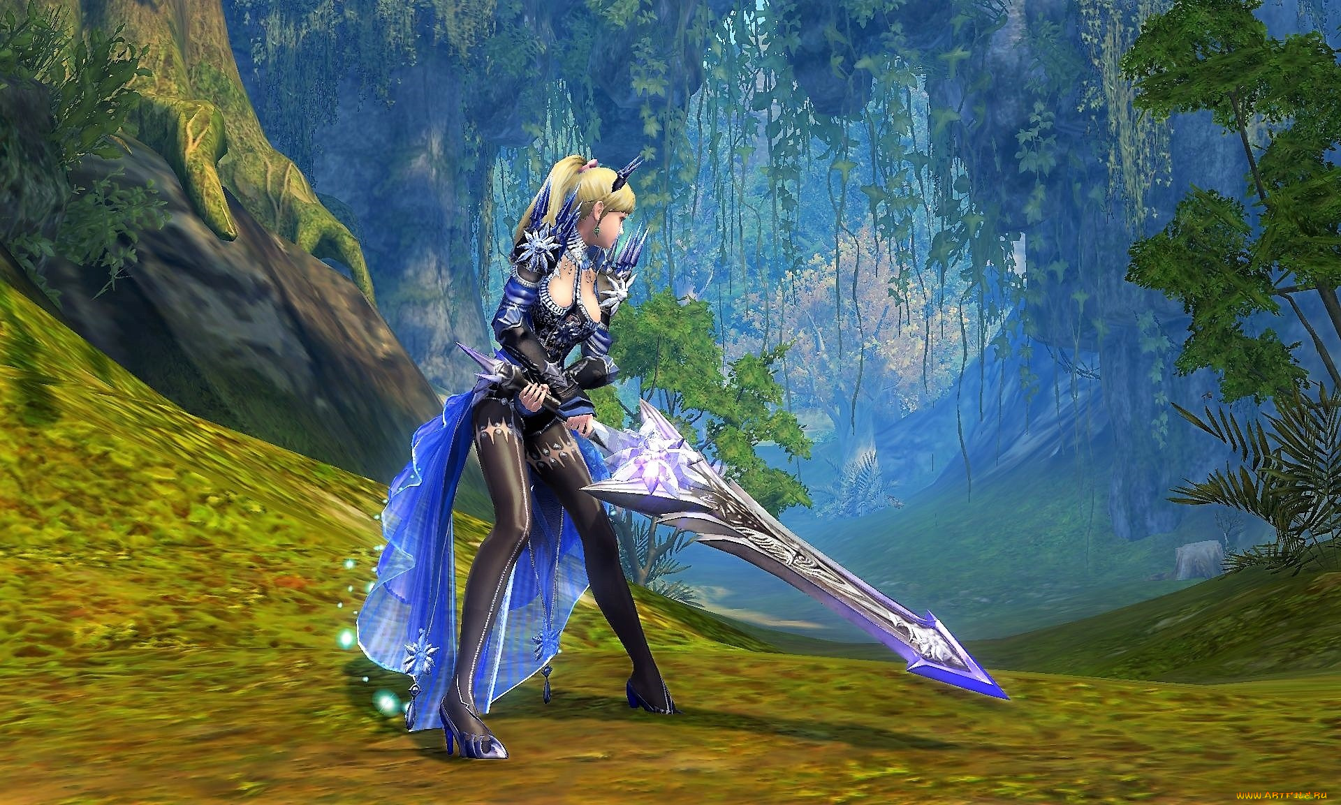 видео, игры, aion, девушка, меч, лес