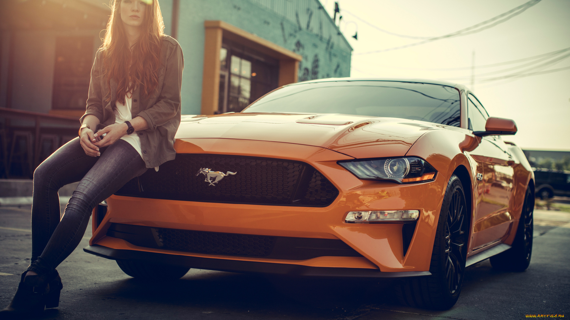 автомобили, -авто, с, девушками, ford, mustang, oранжeвый, спортивный, девушка, солнце, женщины, с, автомобилями