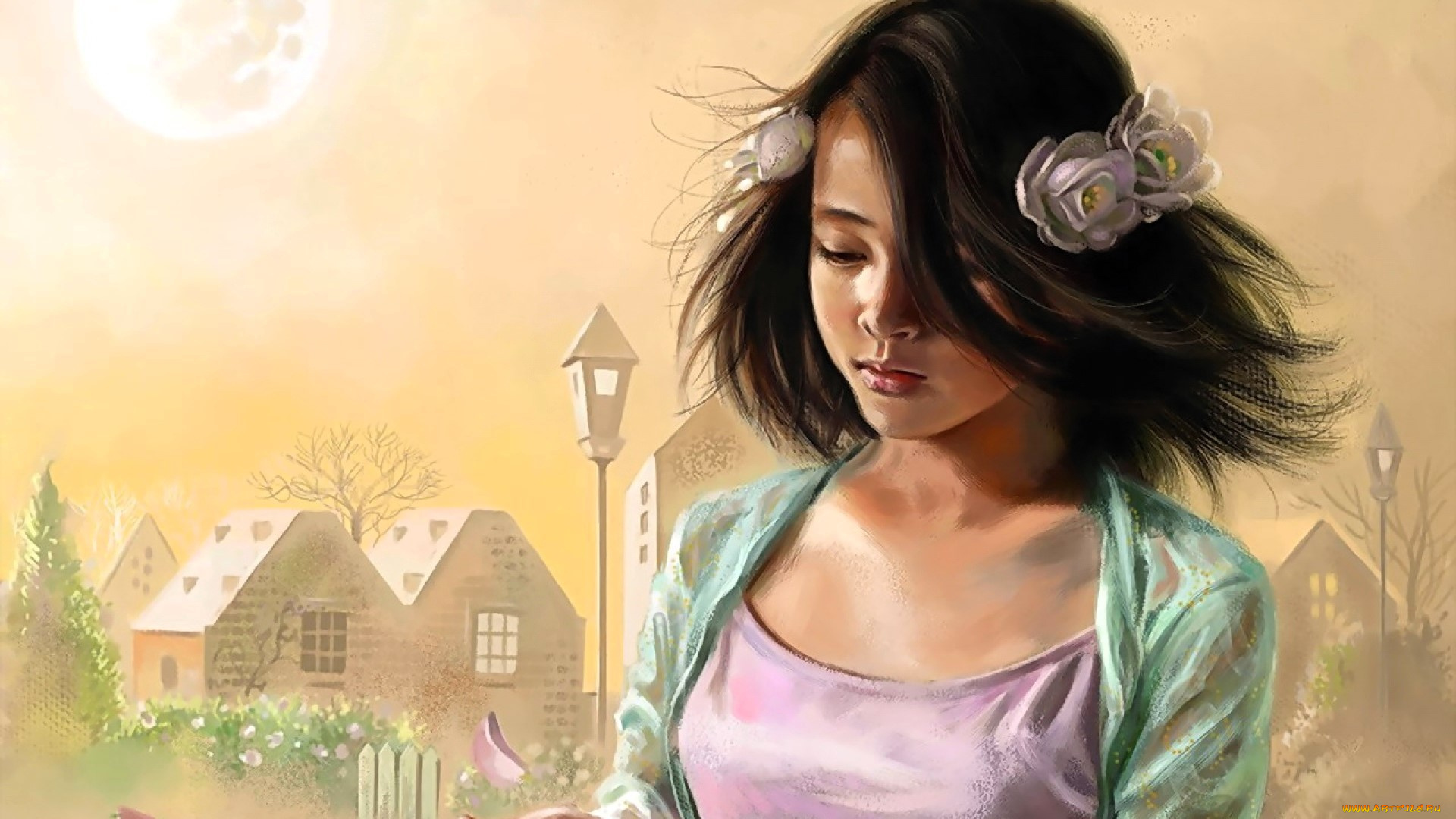 рисованное, люди, девушка, азиатка, улица