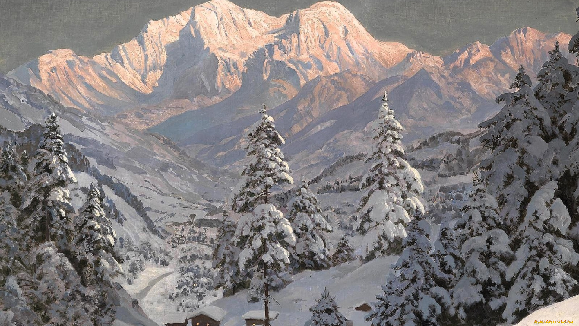 рисованное, alois, arnegger, горы, снег, зима, деревья, лес, дома, следы