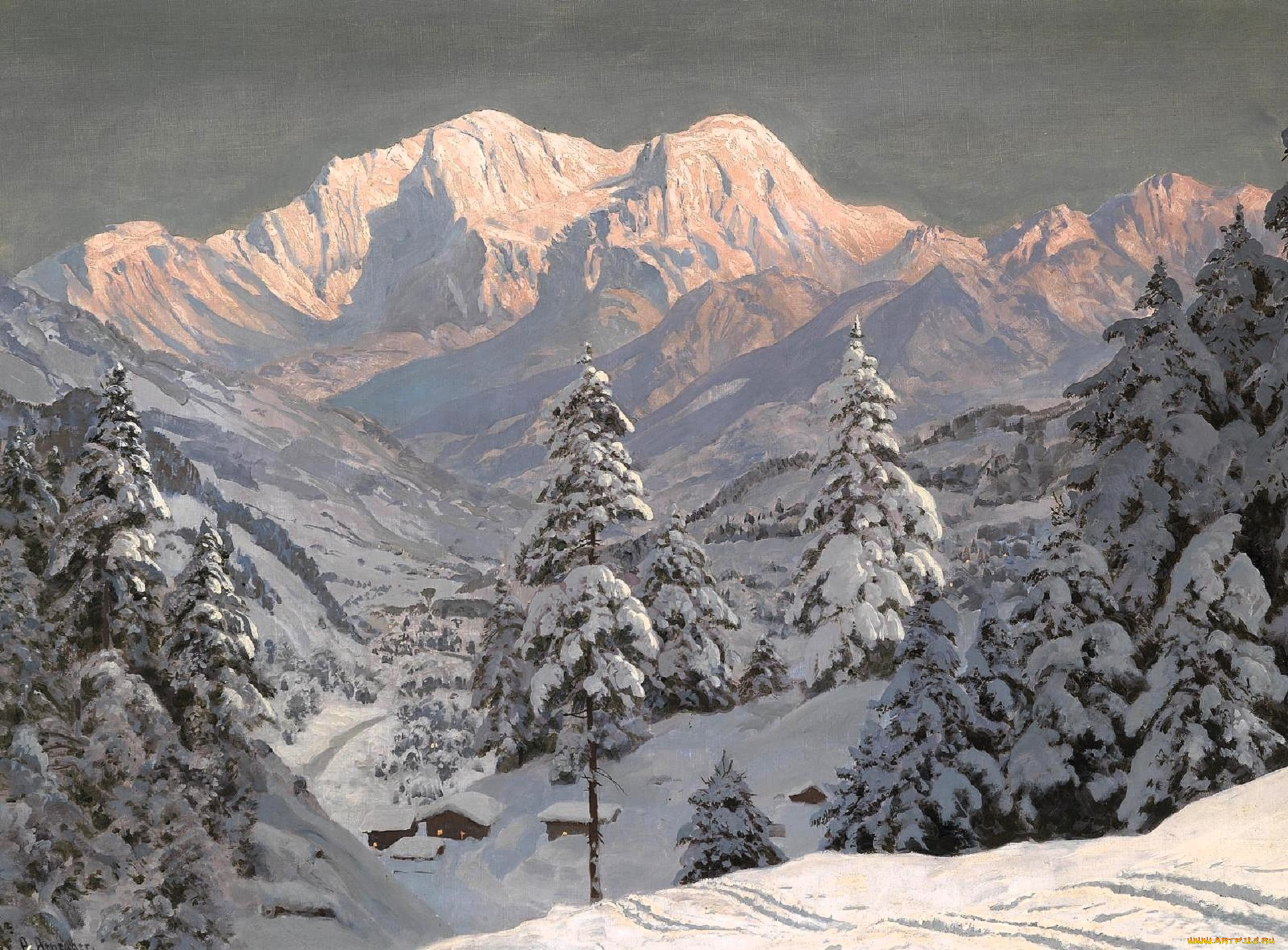 рисованное, alois, arnegger, горы, снег, зима, деревья, лес, дома, следы