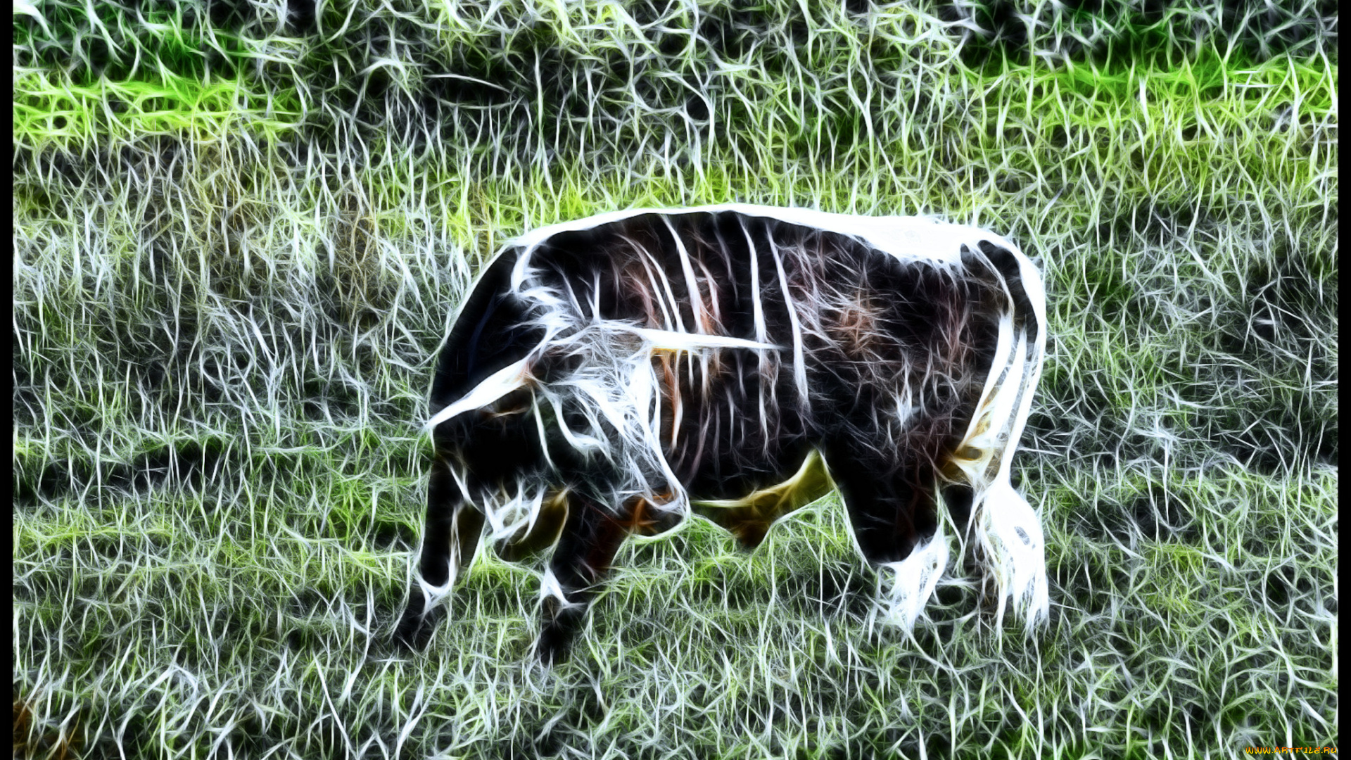 3д, графика, animals, животные, зеленый, фрактал, корова