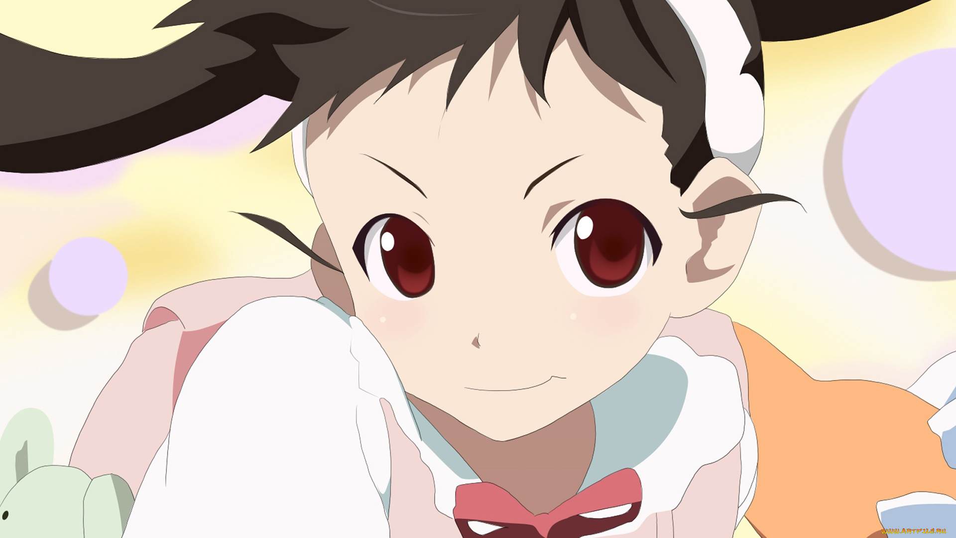 аниме, bakemonogatari, hachikuji, mayoi, девушка, форма, портфель, бант, лента