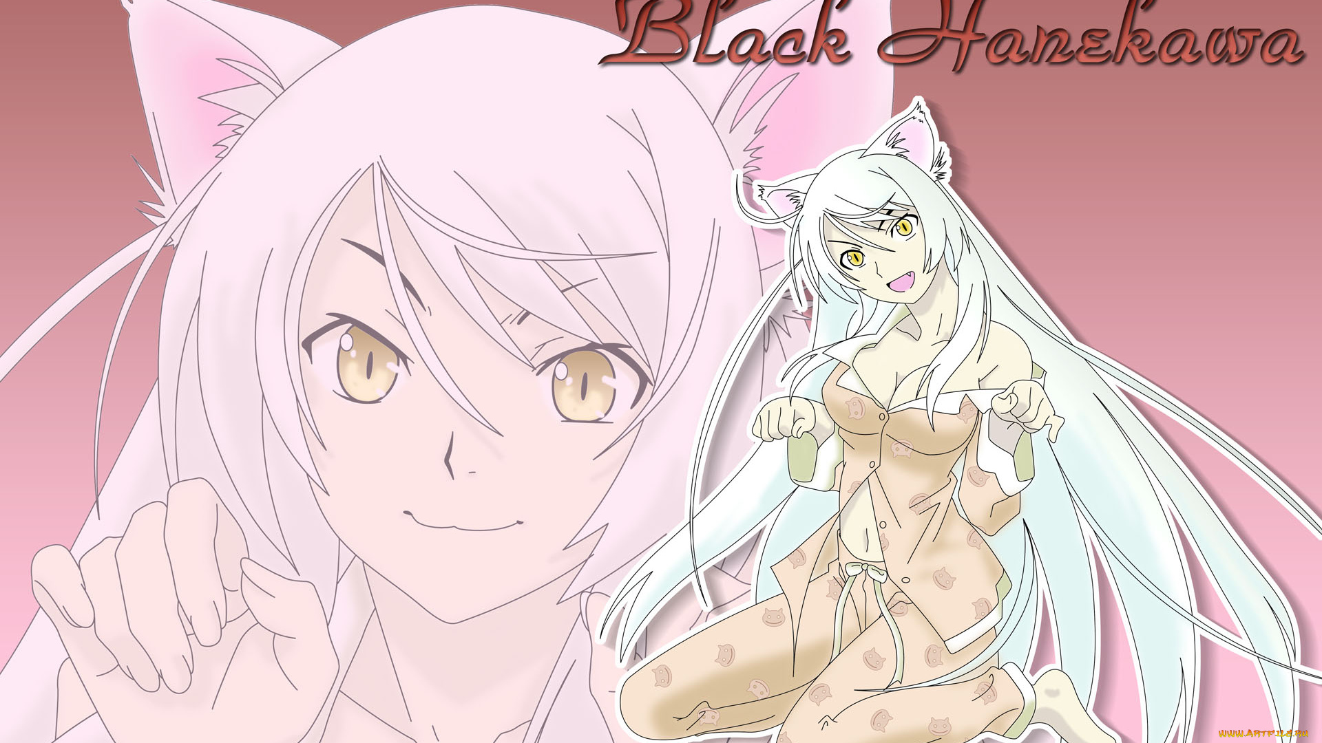 аниме, bakemonogatari, hanekawa, tsubasa, девушка, ушки, кошка, пижама