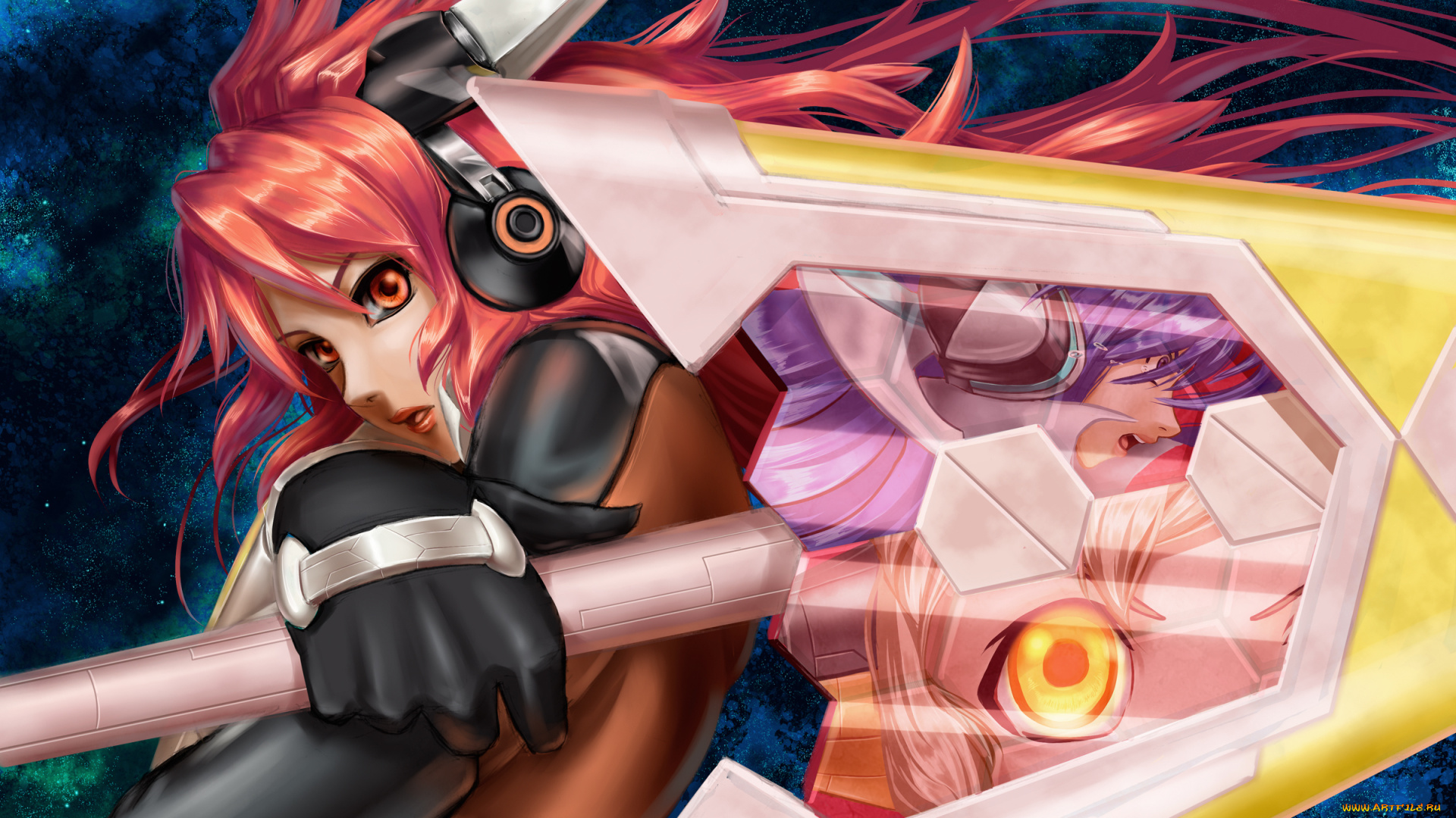 аниме, senki, zesshou, symphogear, worange, kazenari, tsubasa, amou, kanade, девушка, меч, отражение, наушники