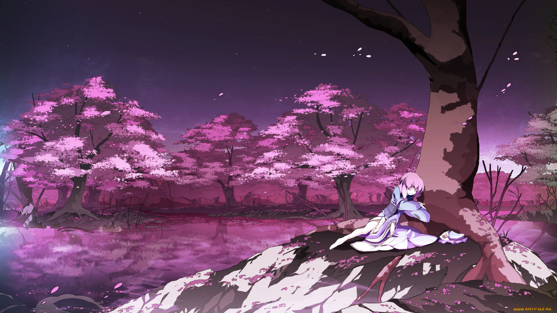 аниме, touhou, asakura, masatoki, saigyouji, yuyuko, девушка, сакура, деревья, озеро