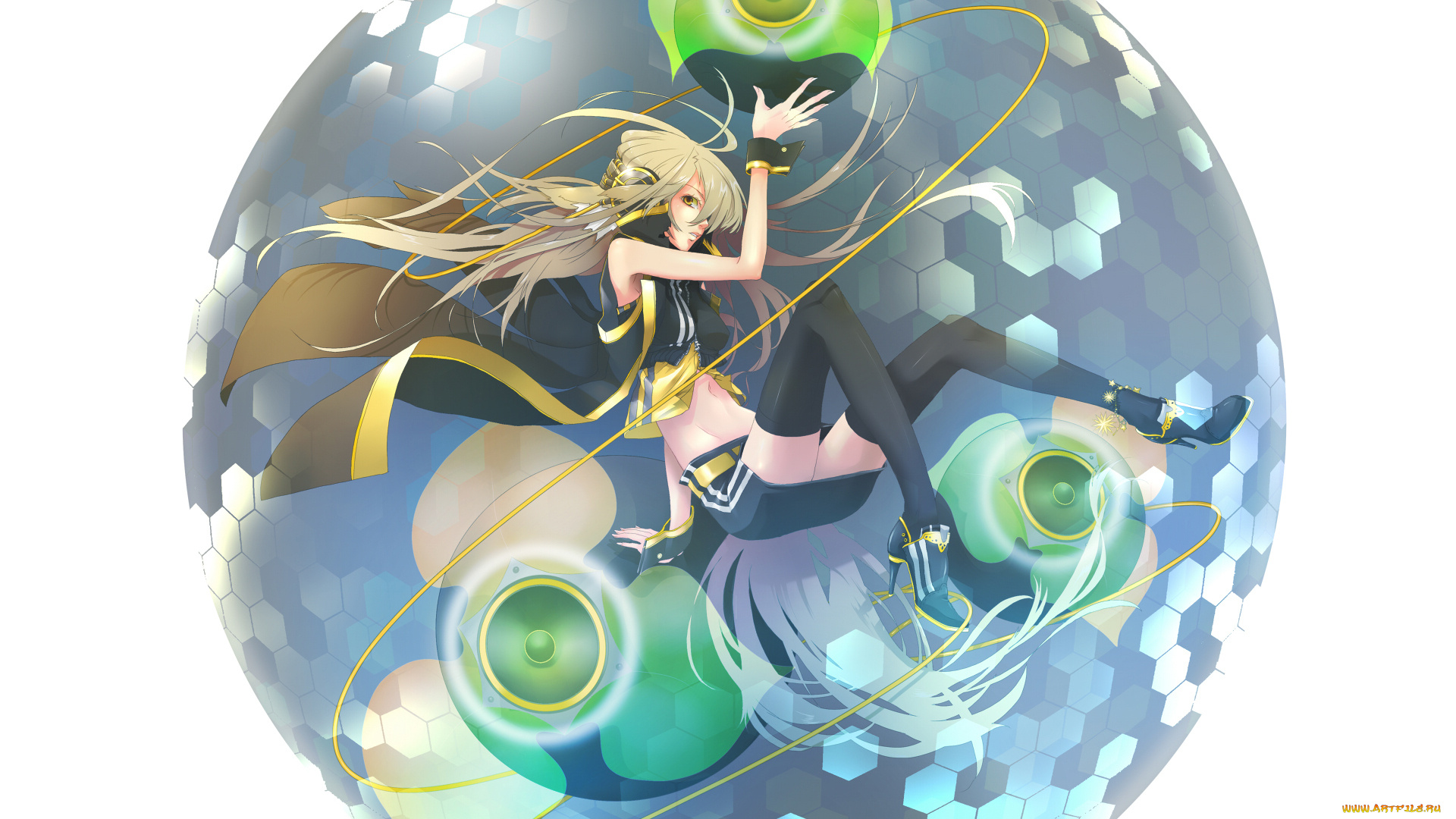 аниме, vocaloid, девушка, музыка, наушники, чулки, сфера