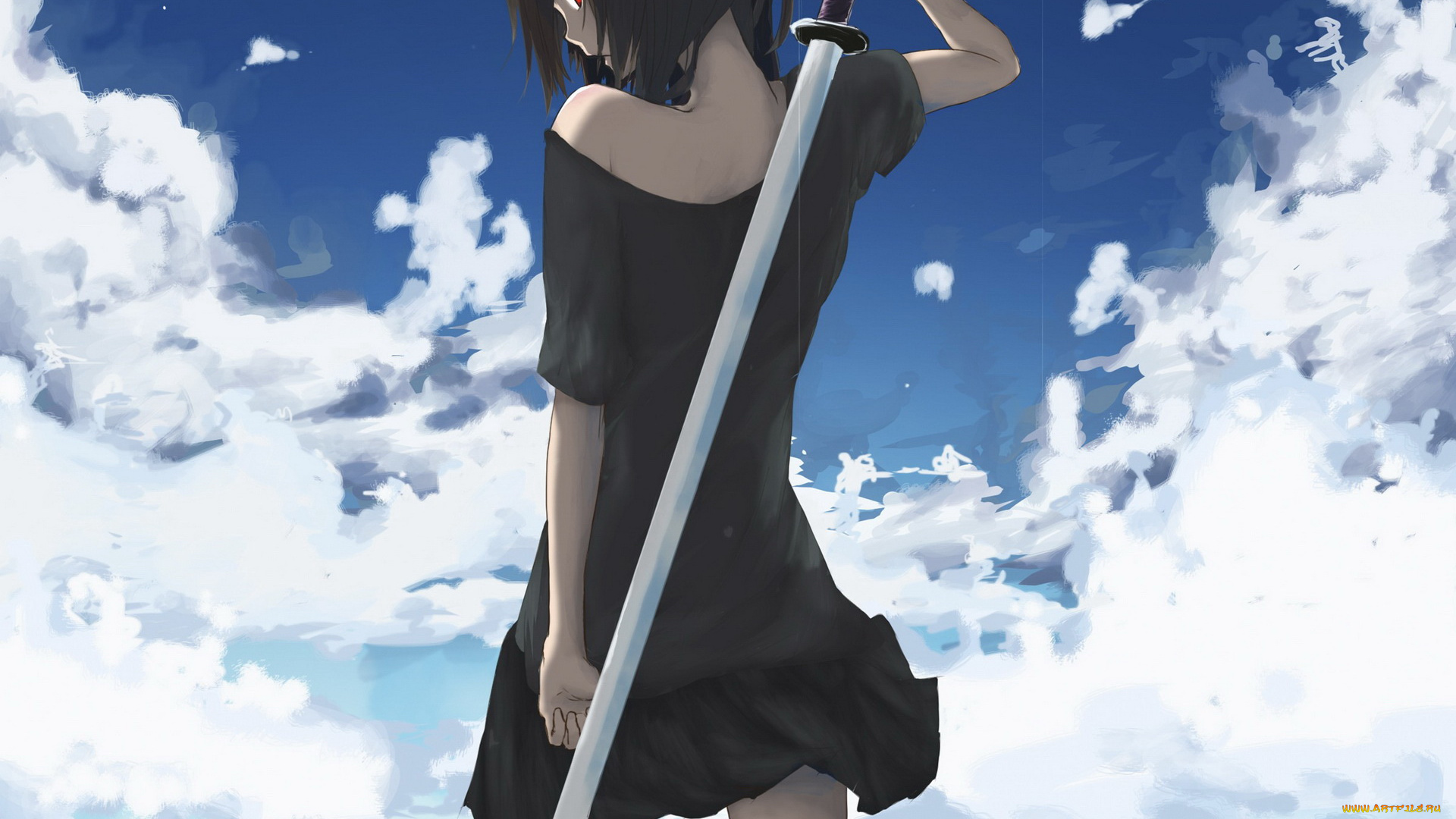 аниме, weapon, blood, technology, облака, меч, девушка