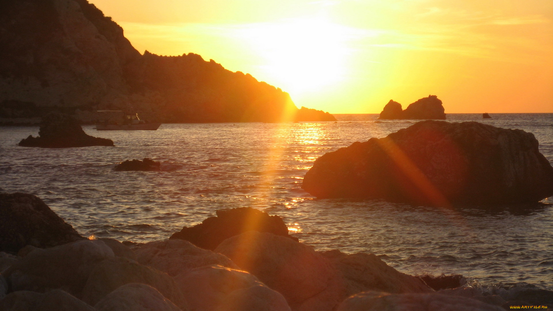 природа, восходы, закаты, море, скалы, лодка, солнце