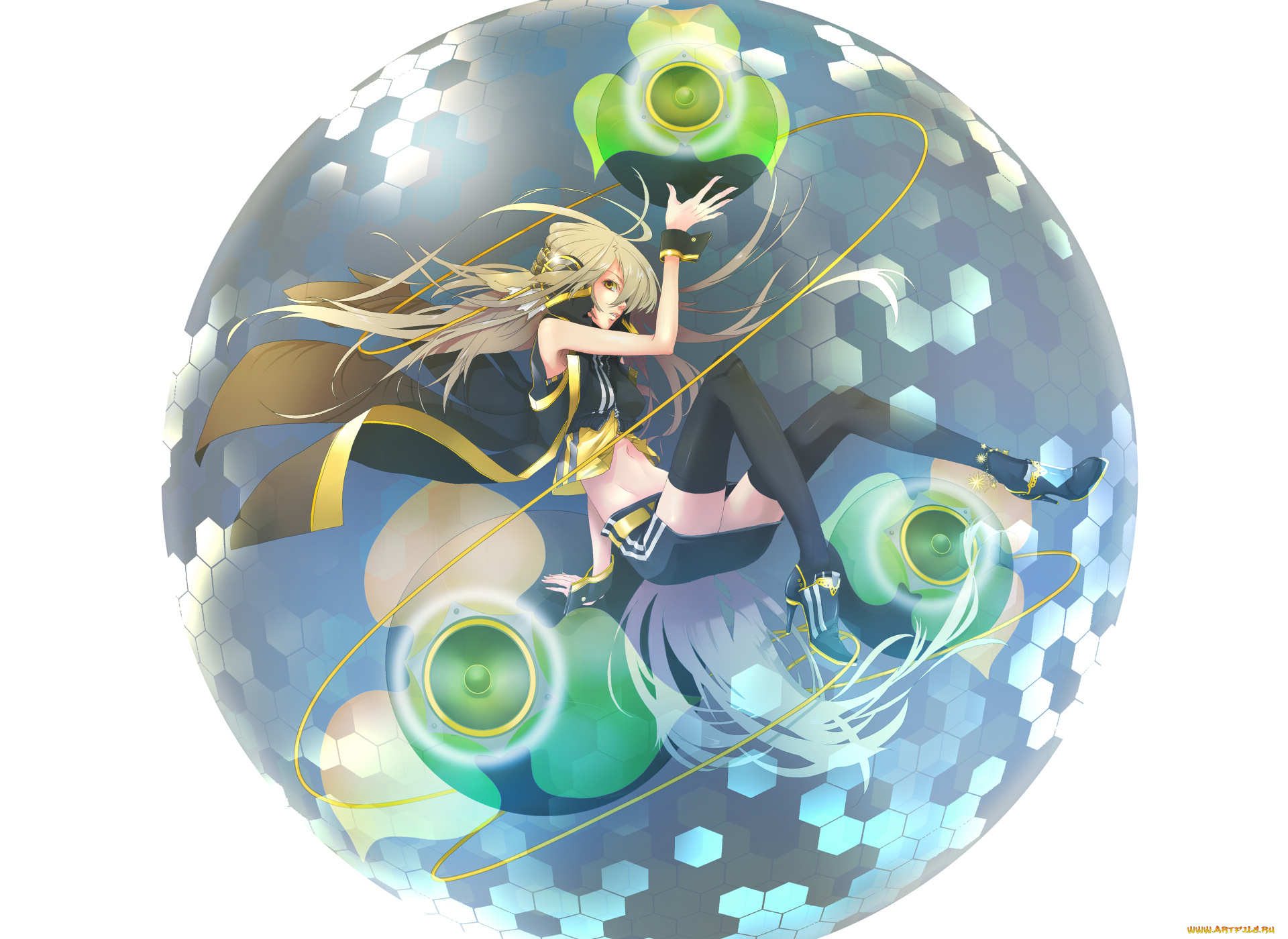 аниме, vocaloid, девушка, музыка, наушники, чулки, сфера