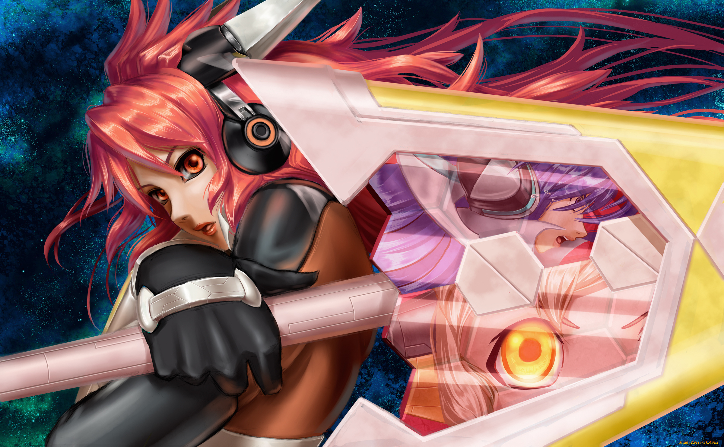 аниме, senki, zesshou, symphogear, worange, kazenari, tsubasa, amou, kanade, девушка, меч, отражение, наушники