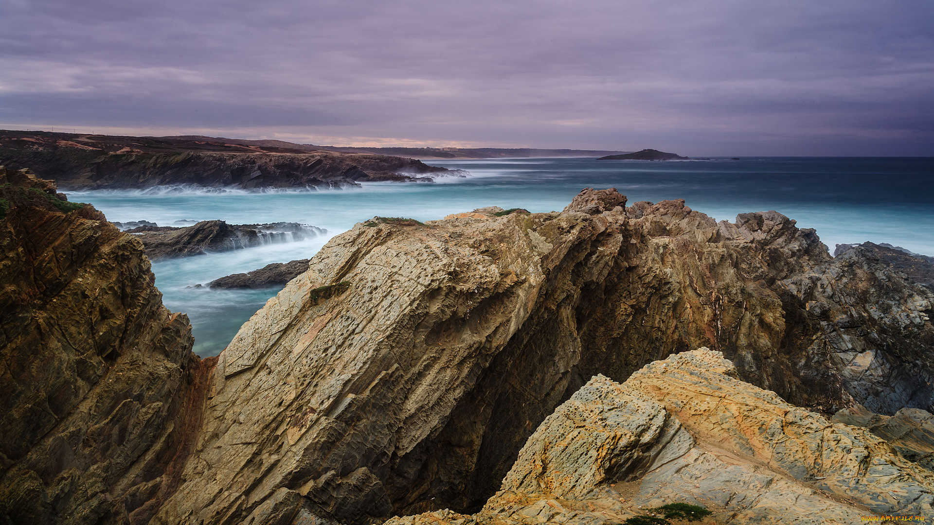 природа, побережье, тучи, камни, океан, береговая, линия