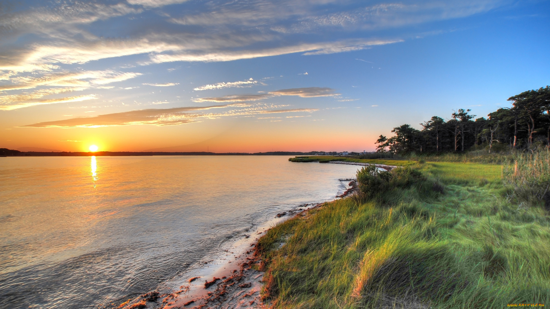 природа, восходы, закаты, трава, закат, лес, озеро