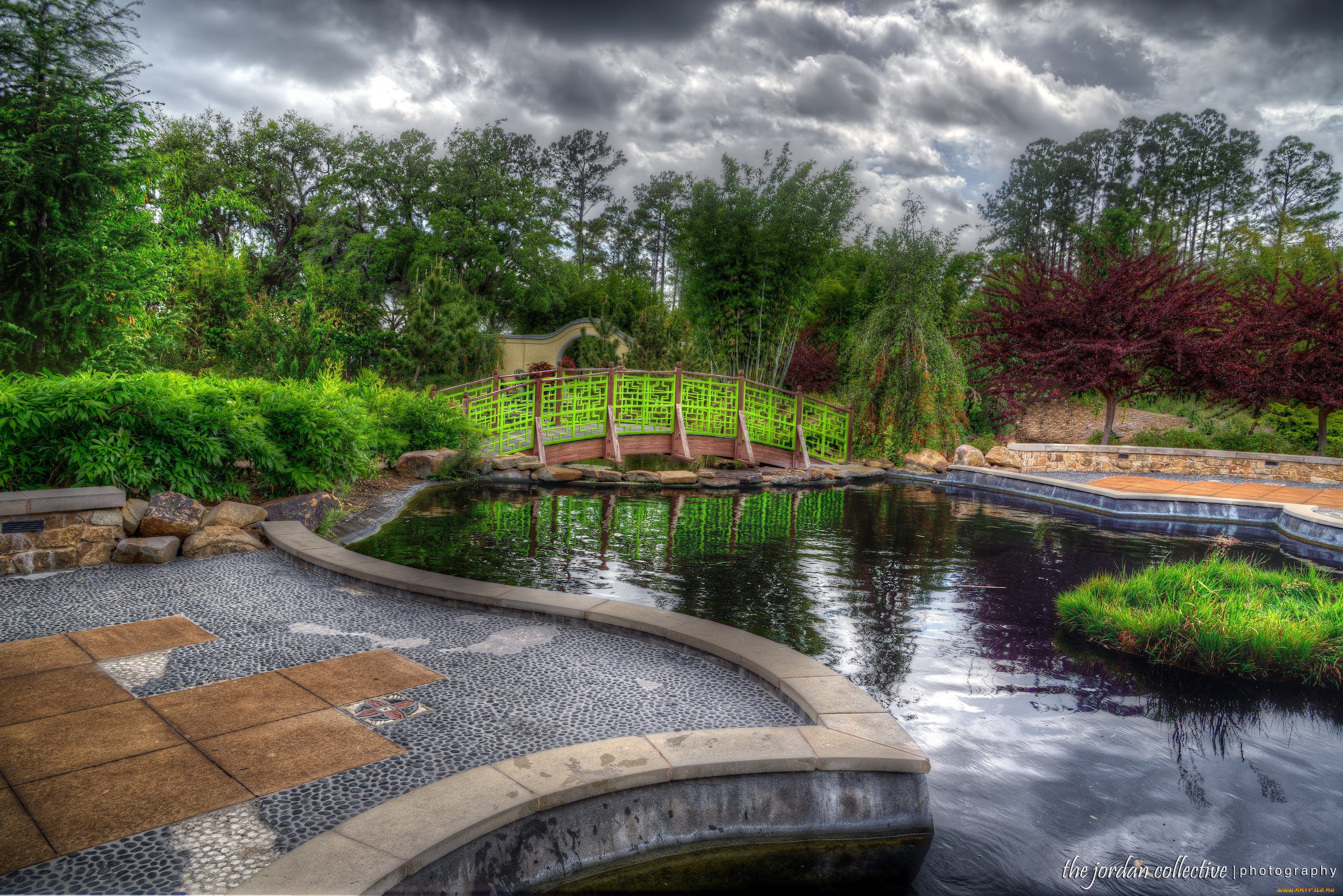 природа, парк, японский, сад, мостик, водоем, растения